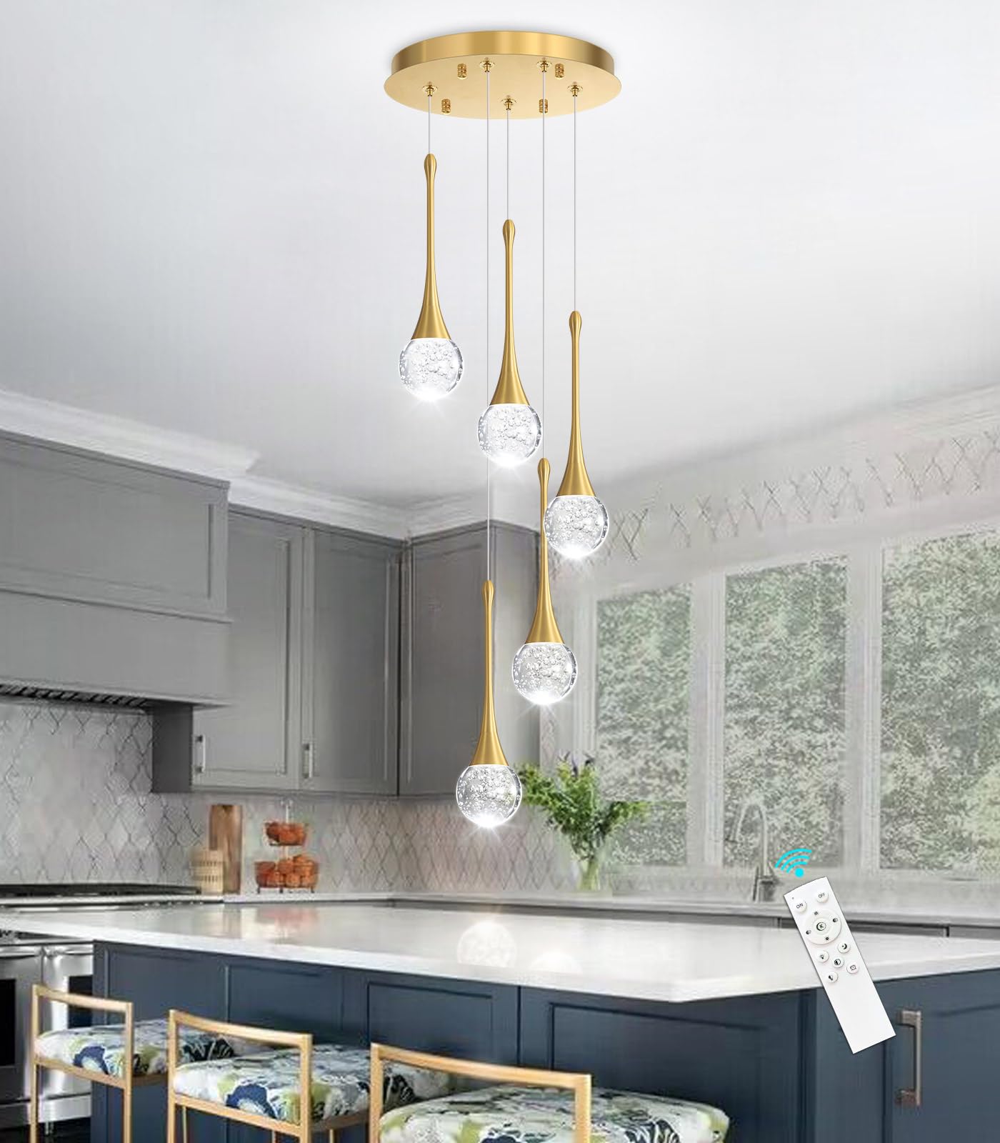 Cenzoz 5-Lights Modern Pendant Lights For Kitchen Island Led Dimmable Chandelier Crystal Glam Ceiling Pendant Lighting For Dining Room Hallway Bedroom Lamp Antique Gold