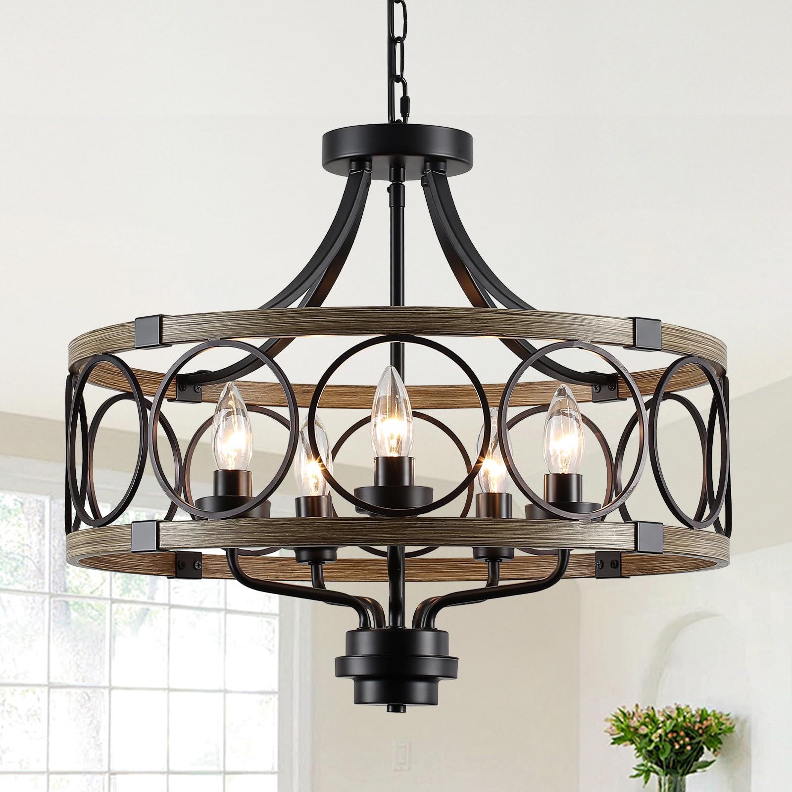 20 Farmhouse Chandelier 5-Light Rustic Chandeliers for Dining Room Light Fixture, Vintage Industrial Hanging Lighting with Woo