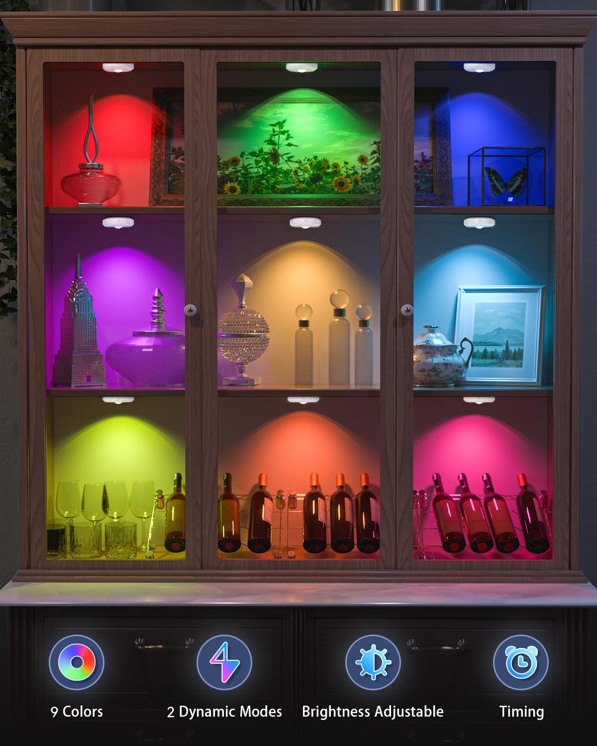 Willed Rgb Rechargeable Puck Lights With Remote Control, Under Cabinet Lighting Wireless, Dimmable Push Lights, Multicolor And T