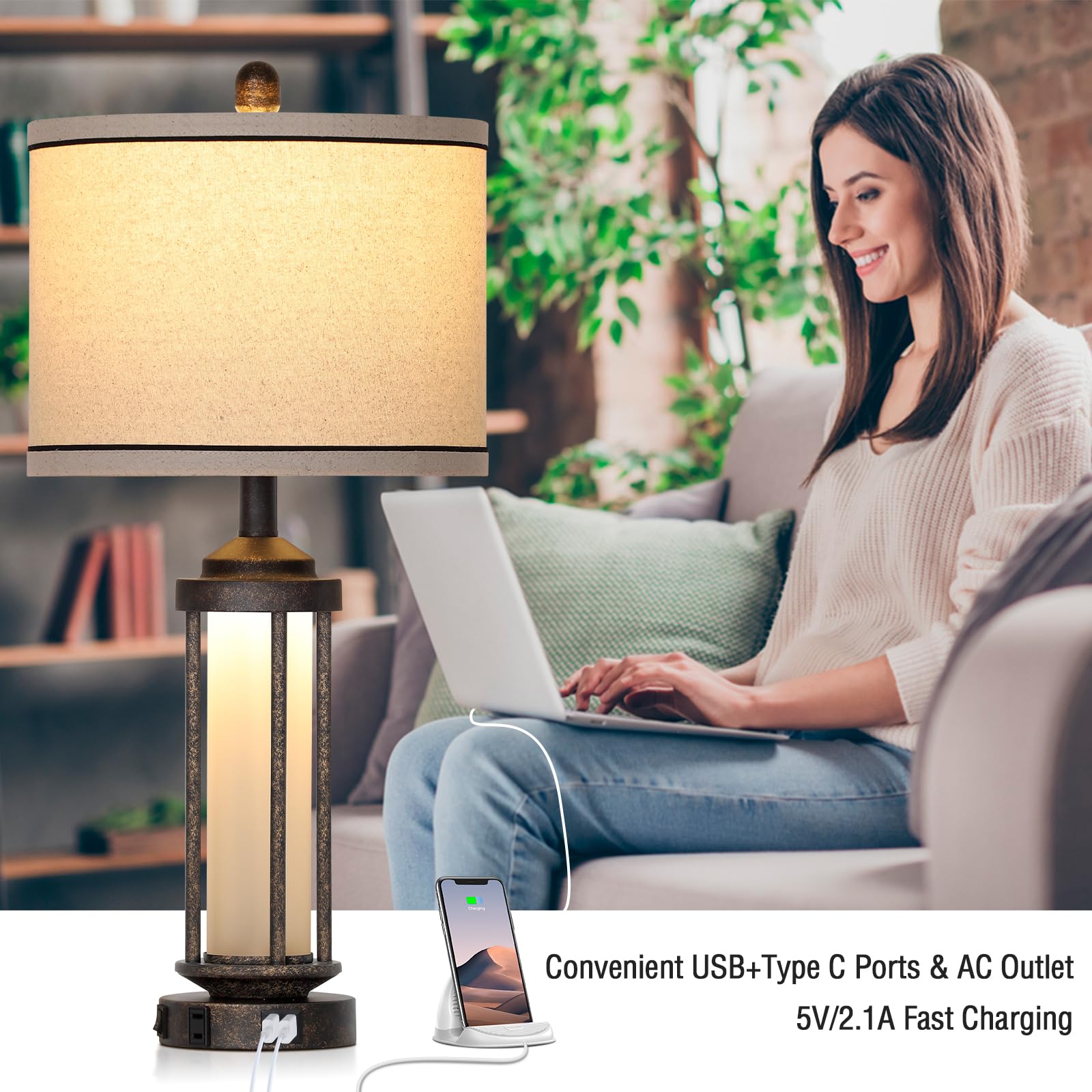 Lolikit 27'' Industrial Farmhouse Table Lamp, Vintage Rustic Beside Lamp With Usb A+C Charging Ports & Ac Outlet, Modern Single