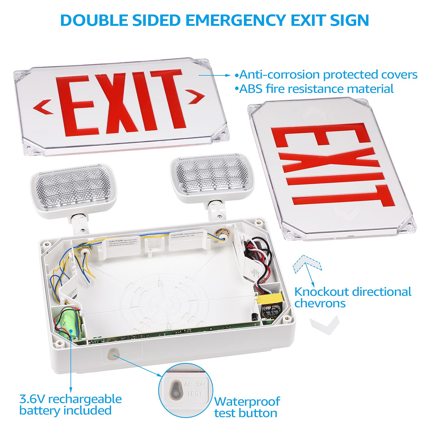 Leonlite Led Exit Light, Wet Location Exit Sign With Emergency Lights, Ul Listed, Combo Emergency Light With Battery Backup, Out