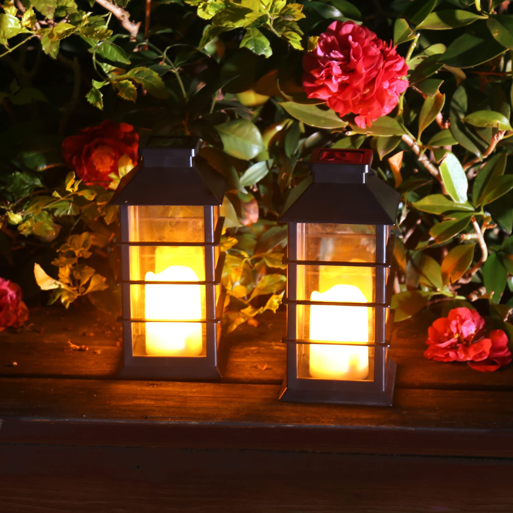 Newvivid 2 Pack Black Solar Powered Led Flickering Flameless Candle Lanterns For Outdoor Decor