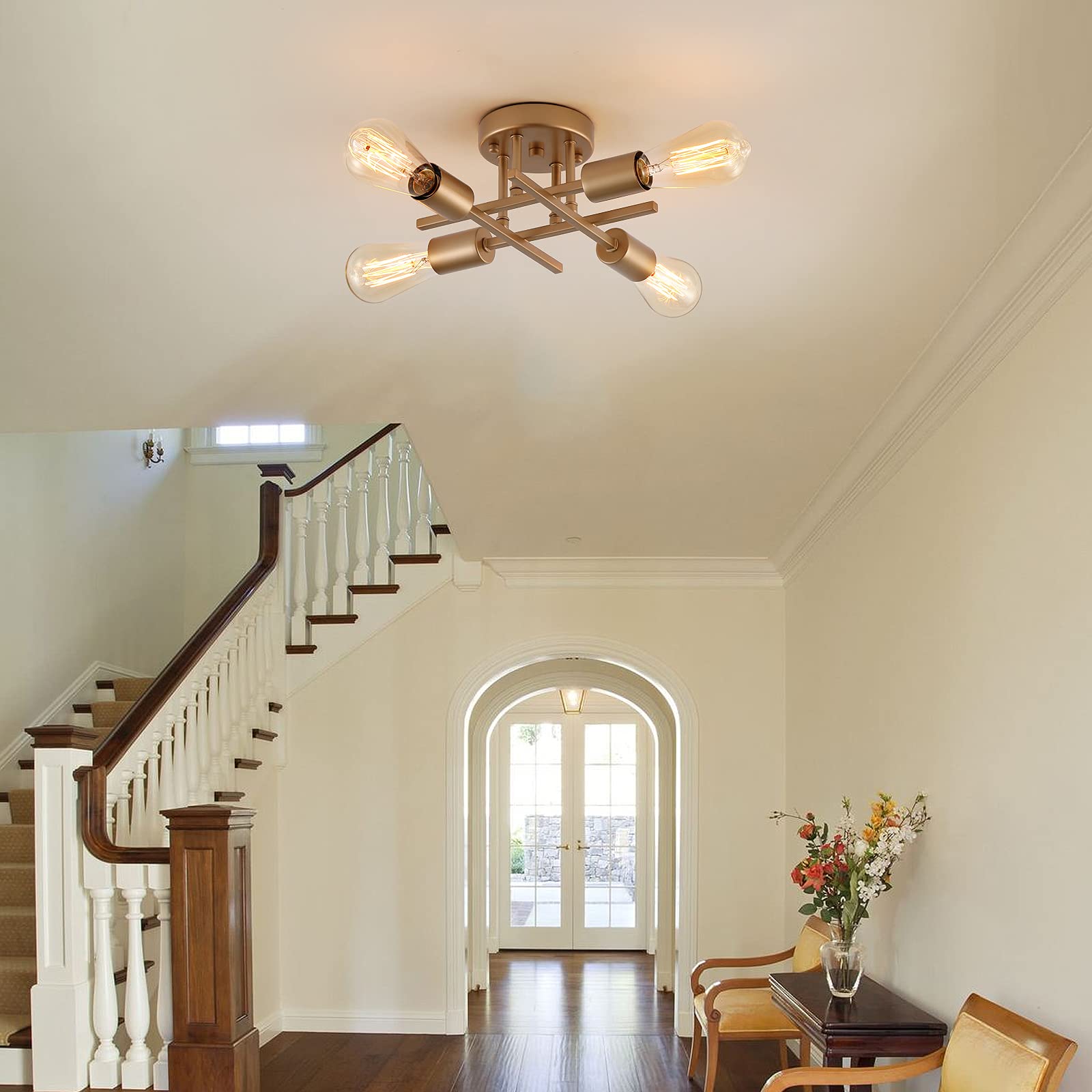 Aihying 4-Light Semi Flush Mount Ceiling Light, Gold Mid-Century Industrial Farmhouse Chandelier Light Fixtures For Hallway Entr