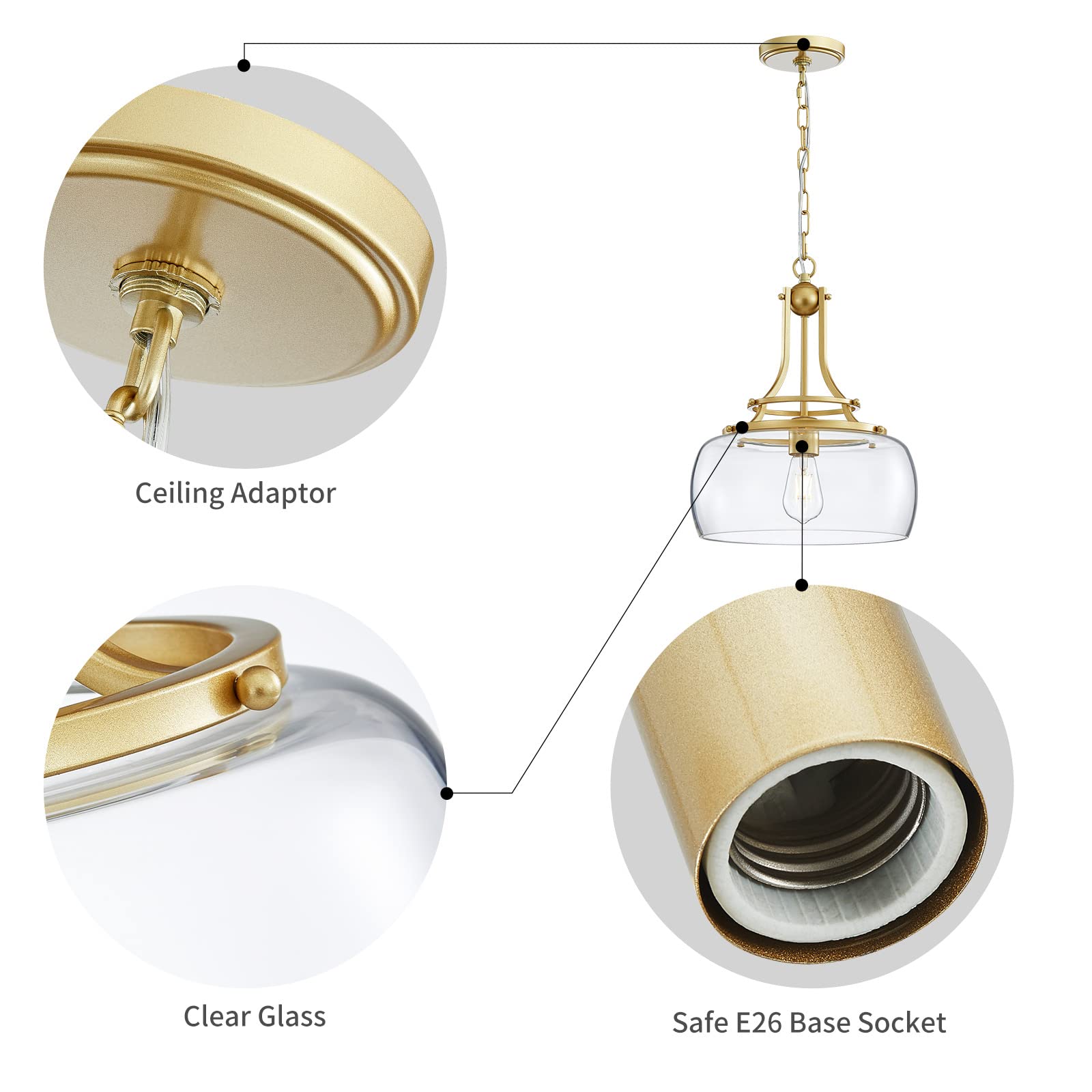 Wuzups Gold Rustic Farmhouse Chandelier, Round Pendant Light With Clear Glass Shades, 17&quot; H X 13.4&quot;