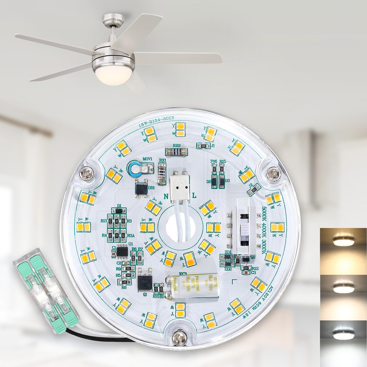 4 Inch Ceiling Fan LED Light Replacement, 18W 2200LM 3000K 4000K 5000K LED Ceiling Fan Light Kit, Ceiling Fan Light Kit Replacem