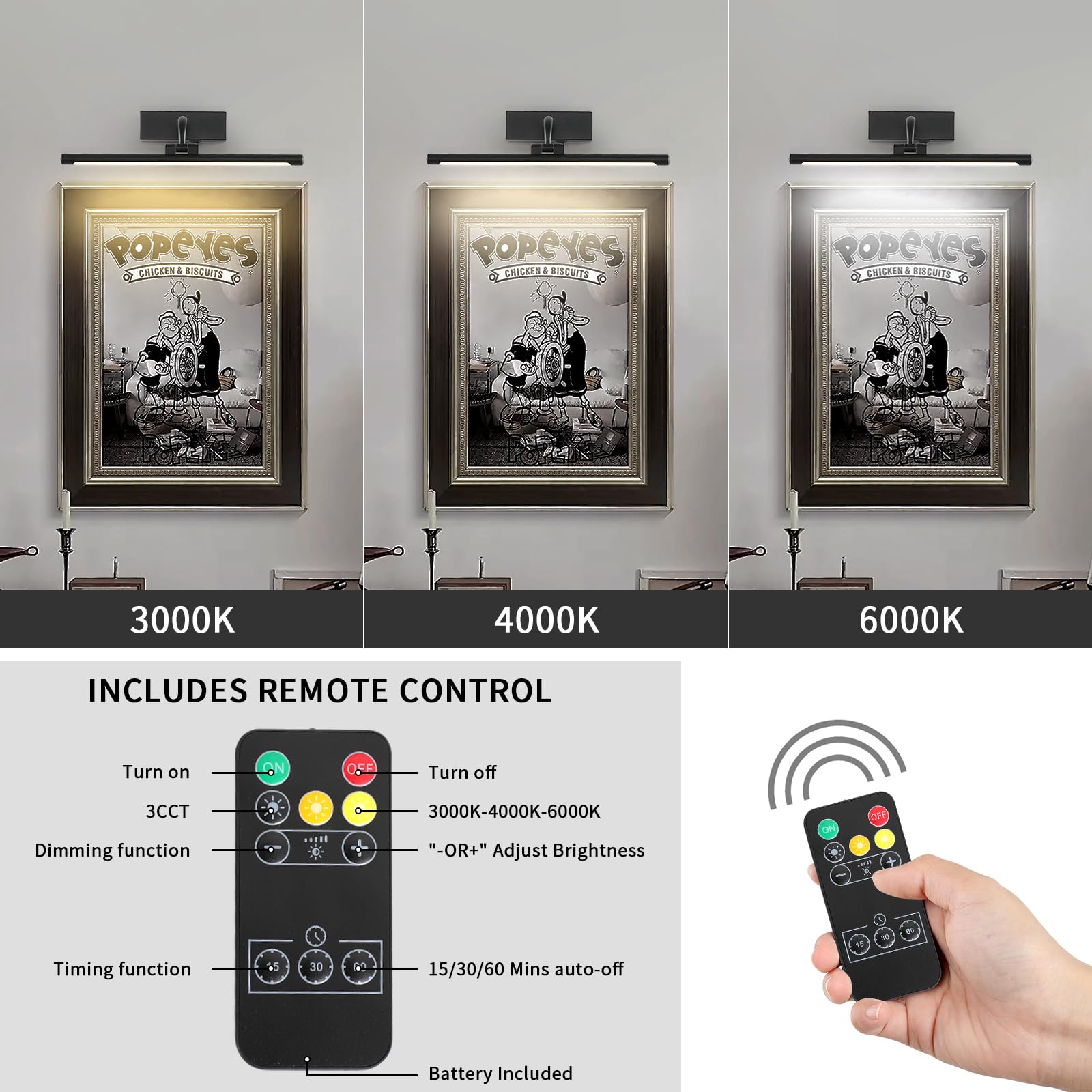 Dlcl Battery Operated Picture Light With Remote And Timer, 15.94In Wireless Gallery Light Black 3Cct Rechargeable Art Light For