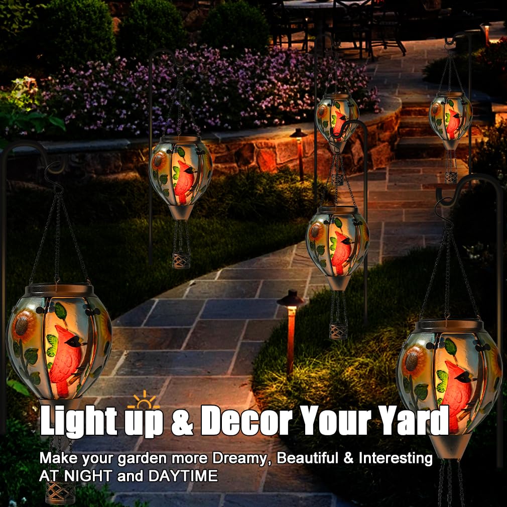 Bathtoo Hot Air Balloon Solar Lantern - Large Cardinal Glass, Waterproof IP65, Simulated Flickering Flame for Patio Lawn Decor