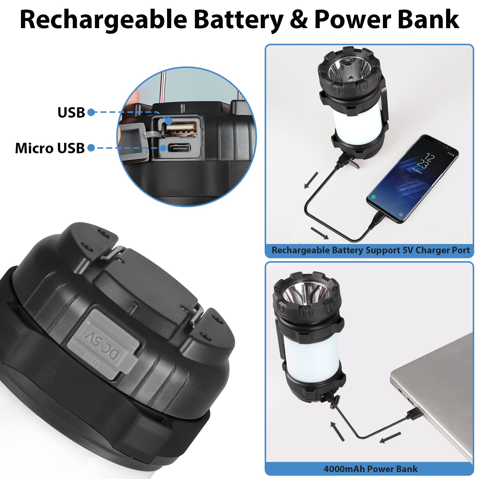 BOBKID 2 Pack Camping Lantern - 1000LM, Rechargeable, 4000mAh Power Bank, IPX5 Waterproof, Black, Model KJ-1296