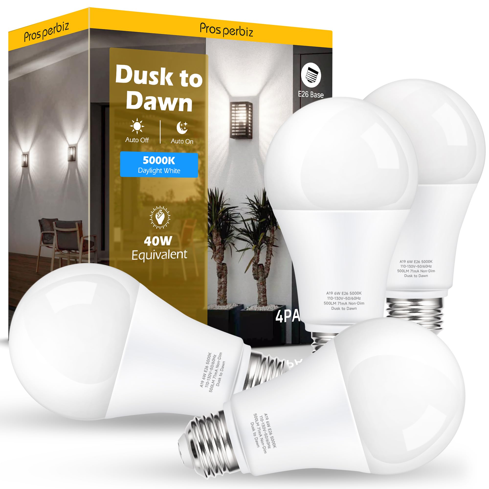 Dusk To Dawn Led Outdoor Light Bulbs 40W Equivalent, A19 Automatic On/Off Sensor Light Bulb Daylight 5000K, Dusk To Dawn Light B