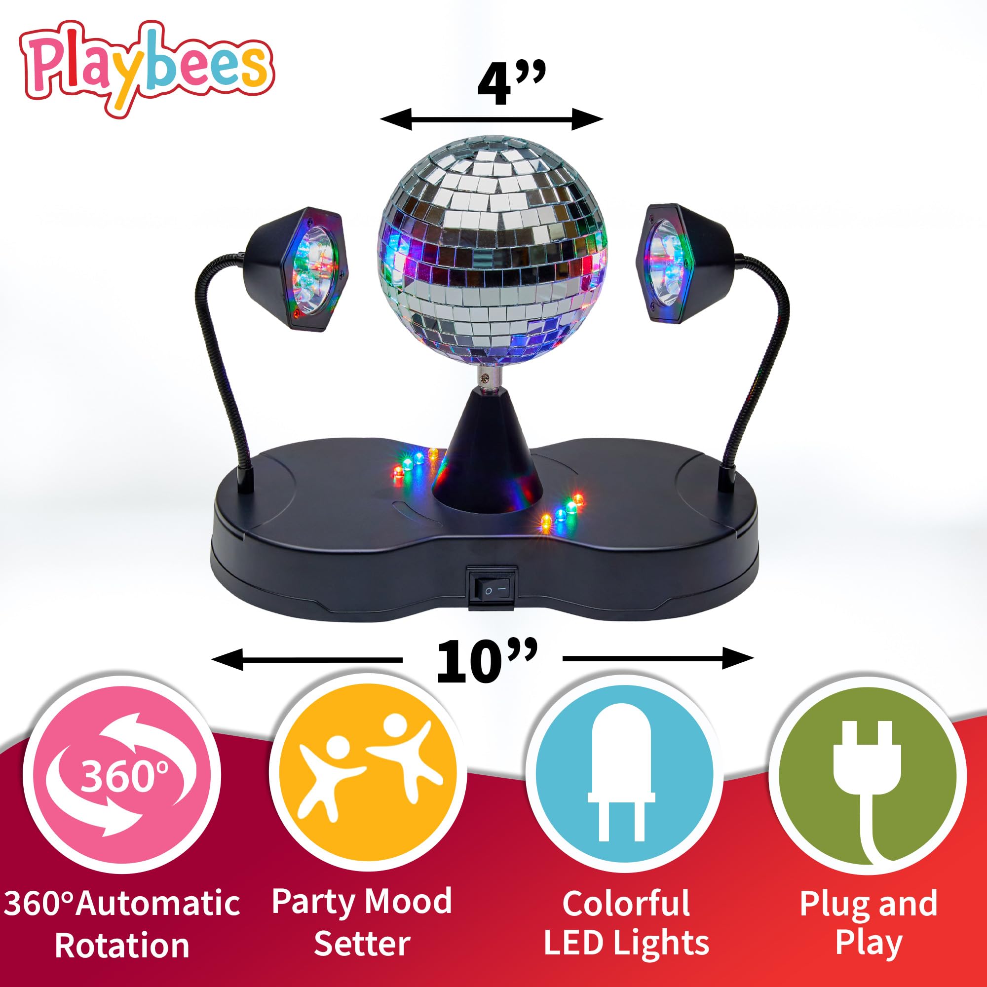 Playbees Rotating Disco Ball - Led Revolving Disco Ball With Movable Strobe Lights For Disco Party Decor, Mirror Lights Party, Mini Lava Lamp Alternative, 30 Second Dance Party