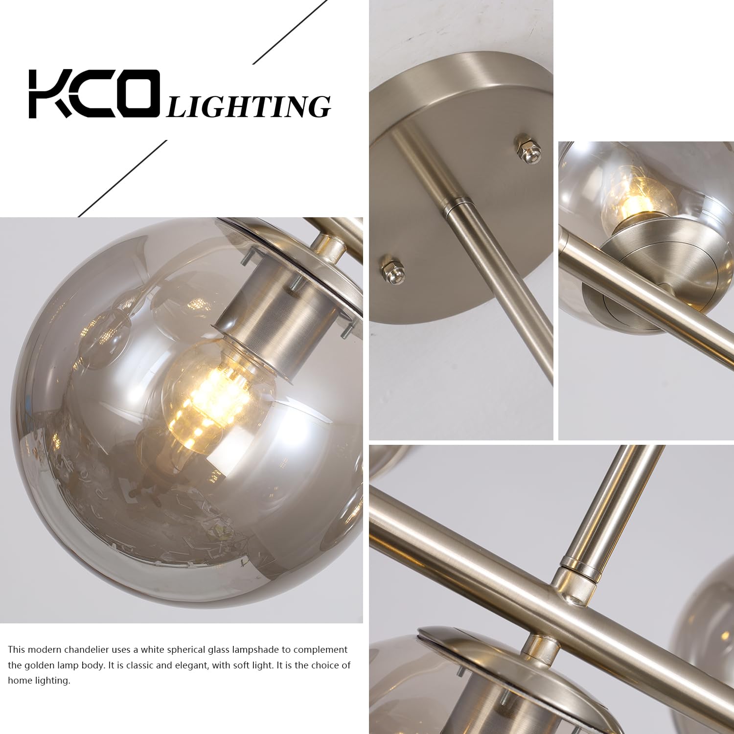 KCO Mid Century Modern 7-Light Chandelier Brushed Nickel Smoke Gray Glass Globe Adjustable Model L1043-SG