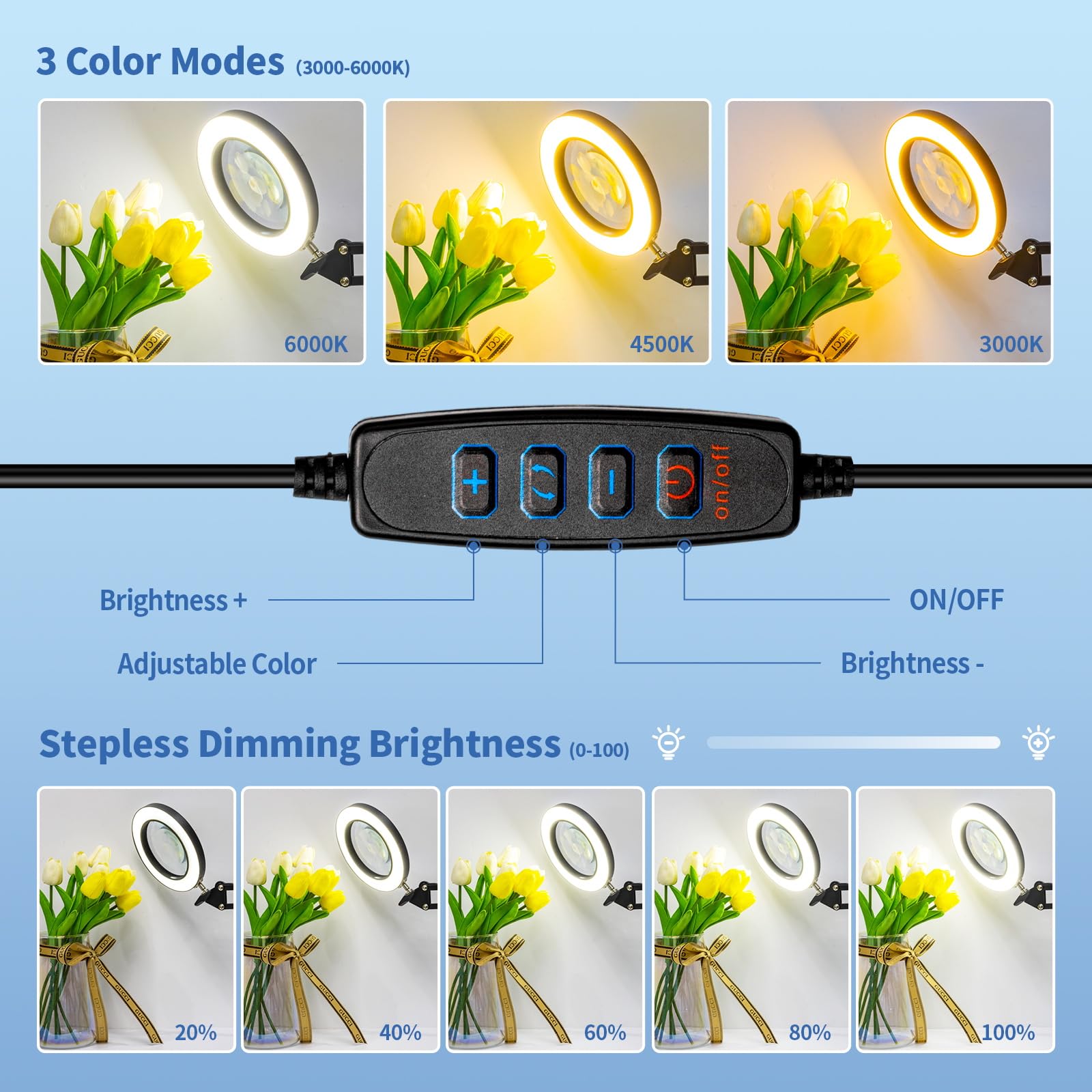 HITTI 10X Magnifying Glass with Light - Stepless Dimming, 3 Color Modes, Metal, Black, Desk Clamp Lamp for Reading and Crafts
