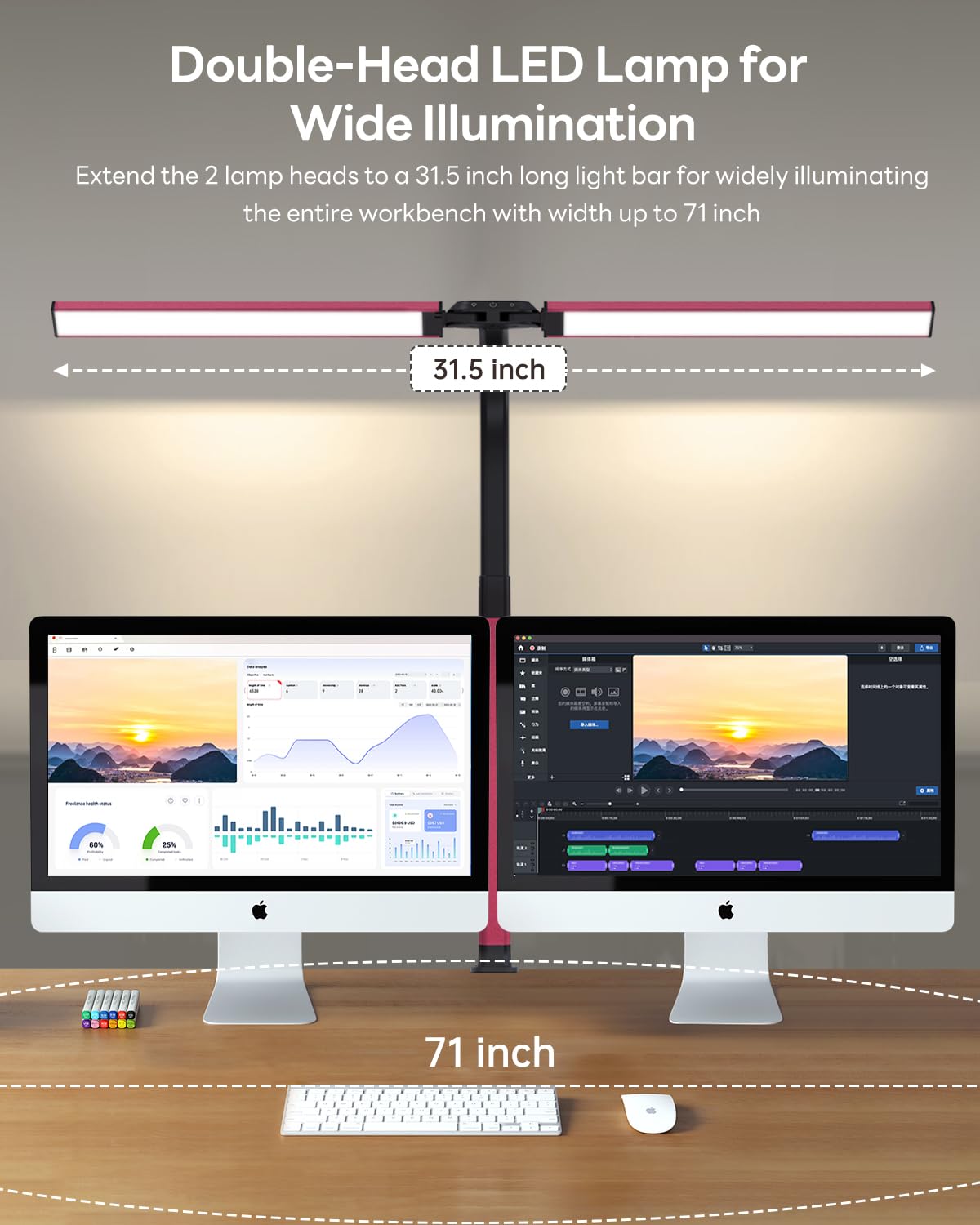 SUNLINKCO LED Desk Lamp - 24W Stepless Dimming, Eye-Caring, Red, Clamp, Remote Control, Flexible Gooseneck for Home Office & Study