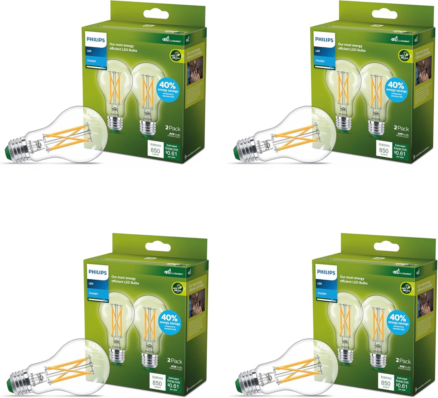 PHILIPS LED 60W A19 8-Pack Ultra Efficient Daylight LED Bulbs (5000K) 850 Lumen (5W = 60W) Dimmable Clear Flicker-Free Light Bul