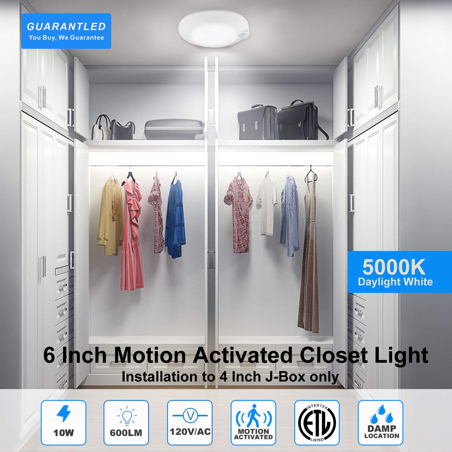 Closet Lights Motion Sensored, LED Closet Light Motion Activated, 5000K Daylight 6-7/8 Inch 10W Motion Sensor Ceiling Light, Clo