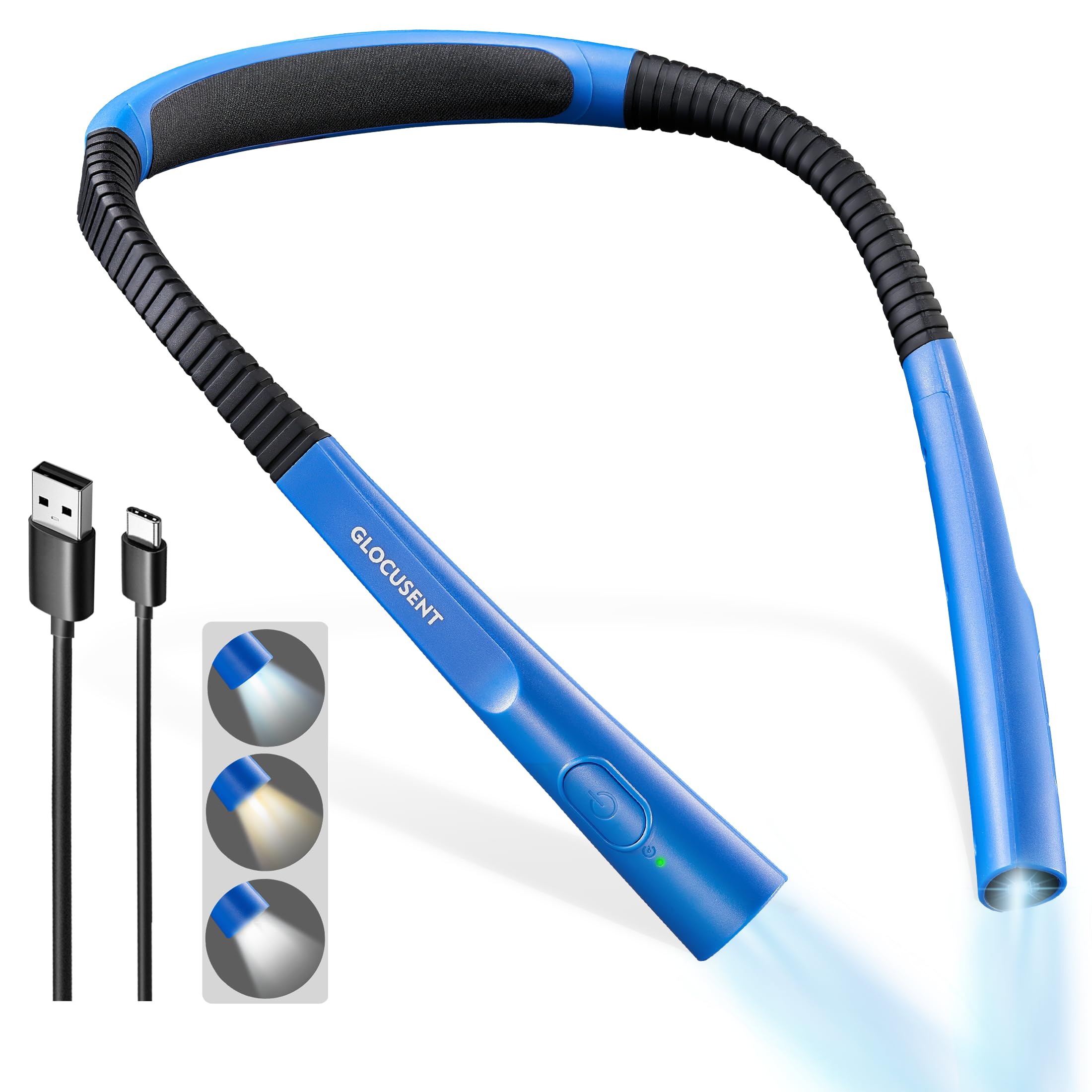 Glocusent LED Neck Reading Light, 3 Colors & Brightness, Rechargeable, Sky Blue, Model GLCSNTBL007