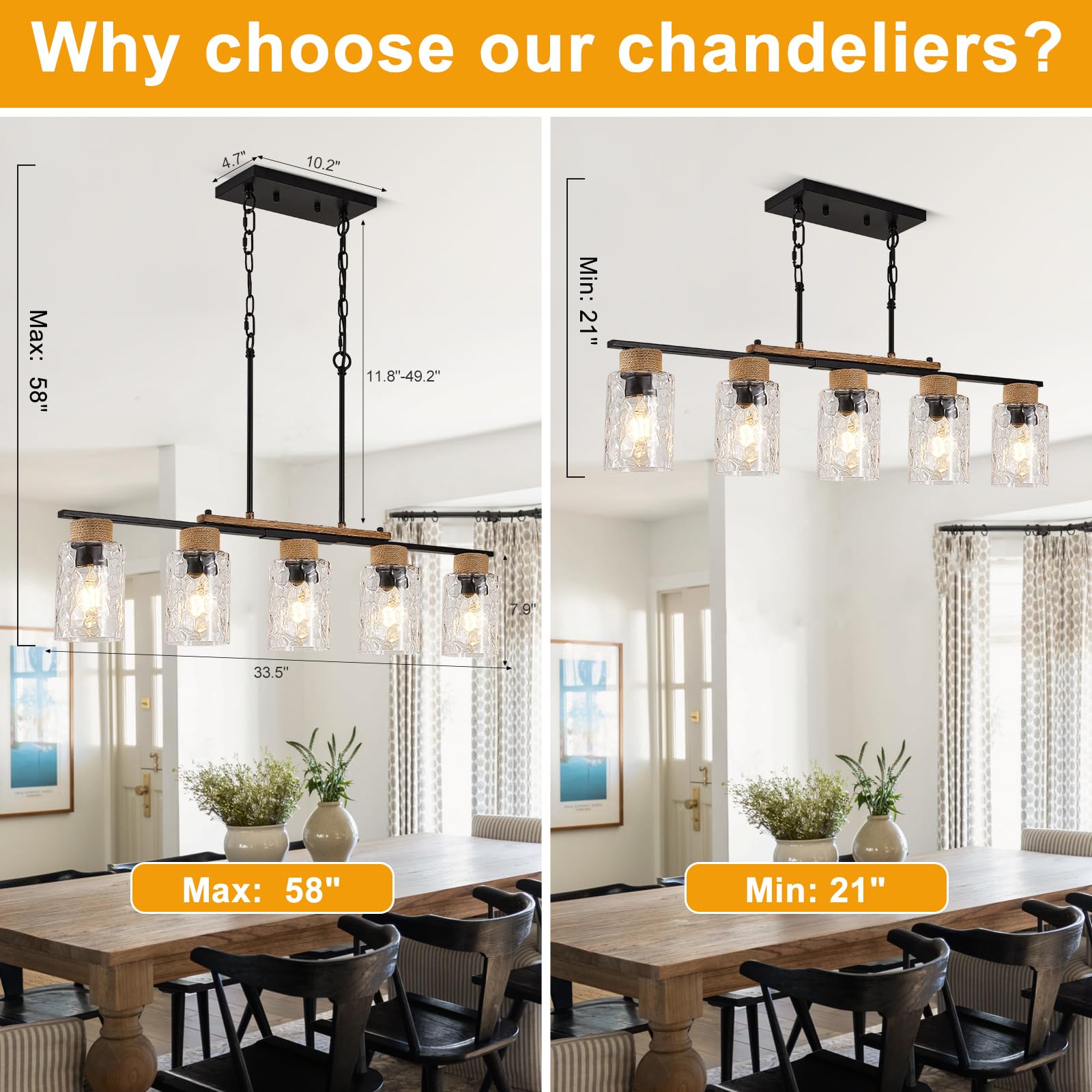 UnicozoHome Dining Room Chandelier, 5-Light Metal Pendant Light, Matte Black, Clear Glass Shade, 33.5in Rustic Farmhouse Design