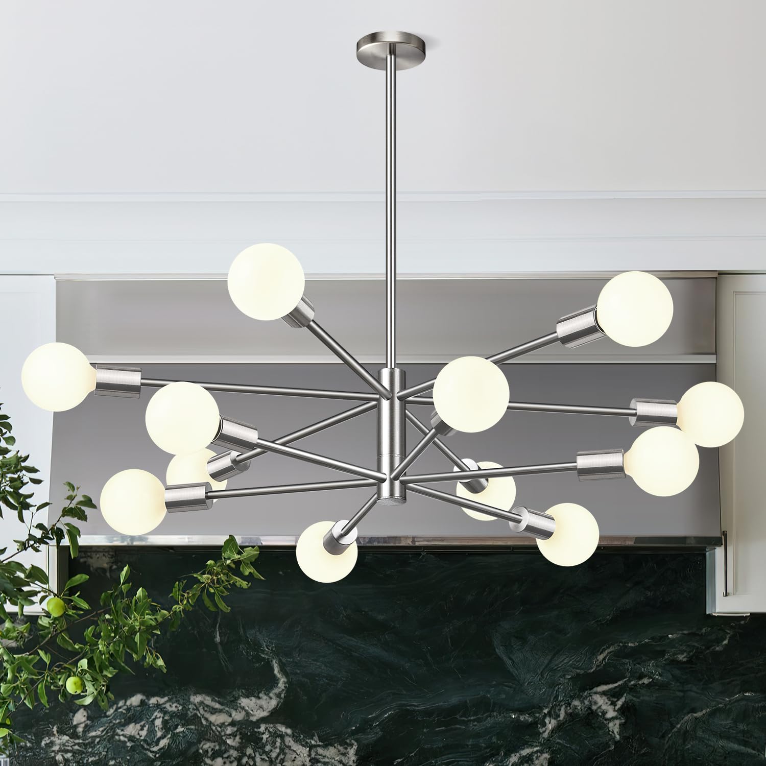 33'' Modern Chandelier Ceiling Light Fixture, 12-Light Sputnik Chandeliers Brushed Nickle Mid Century Chandelier Over Table, Hei