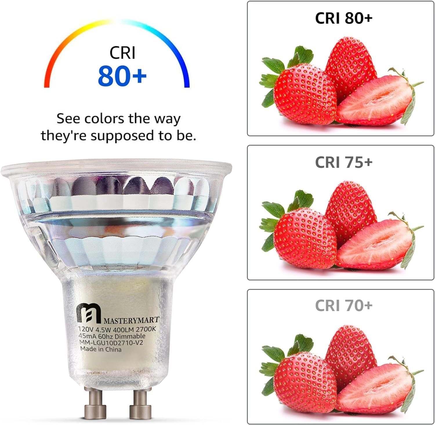 Mastery Mart Dimmable Gu10 Led Light Bulbs, 4.5W Bright 2700K Soft White 50W Halogen Equivalent, 400Lm Energy Saver For Track Li
