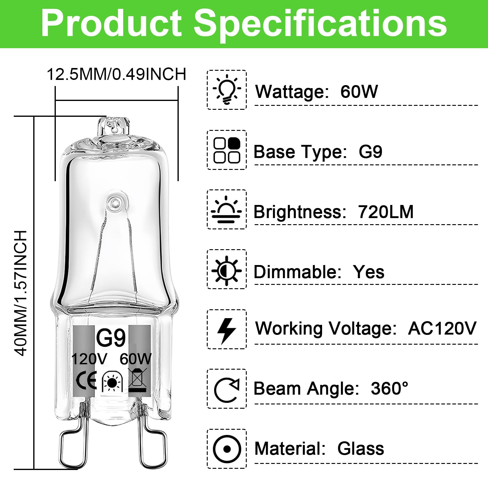 Gaormii G9 Halogen Light Bulbs 60W 12 Pack Dimmable 2700K Warm White Glass 2 Pin Base for Chandeliers and Cabinet Lights