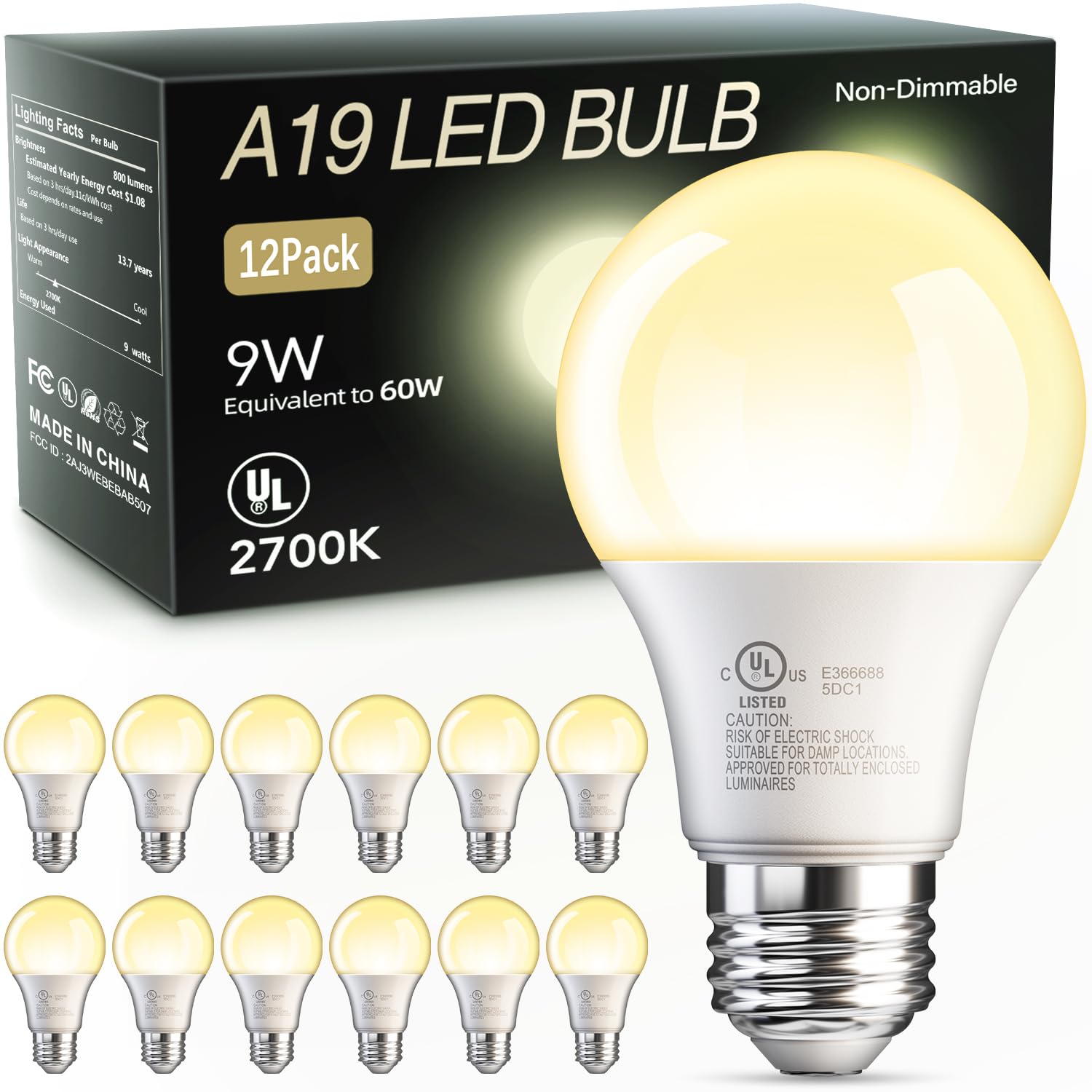 TJOY 12 Pack A19 LED Light Bulbs 60 Watt Equivalent, Efficient 9W, Soft Warm White 2700K, E26 Standard Base, Non Dimmable Energy Saving Warm Light Bulb for Home Bedroom, 800LM, 120V, 80 CRI, UL Listed