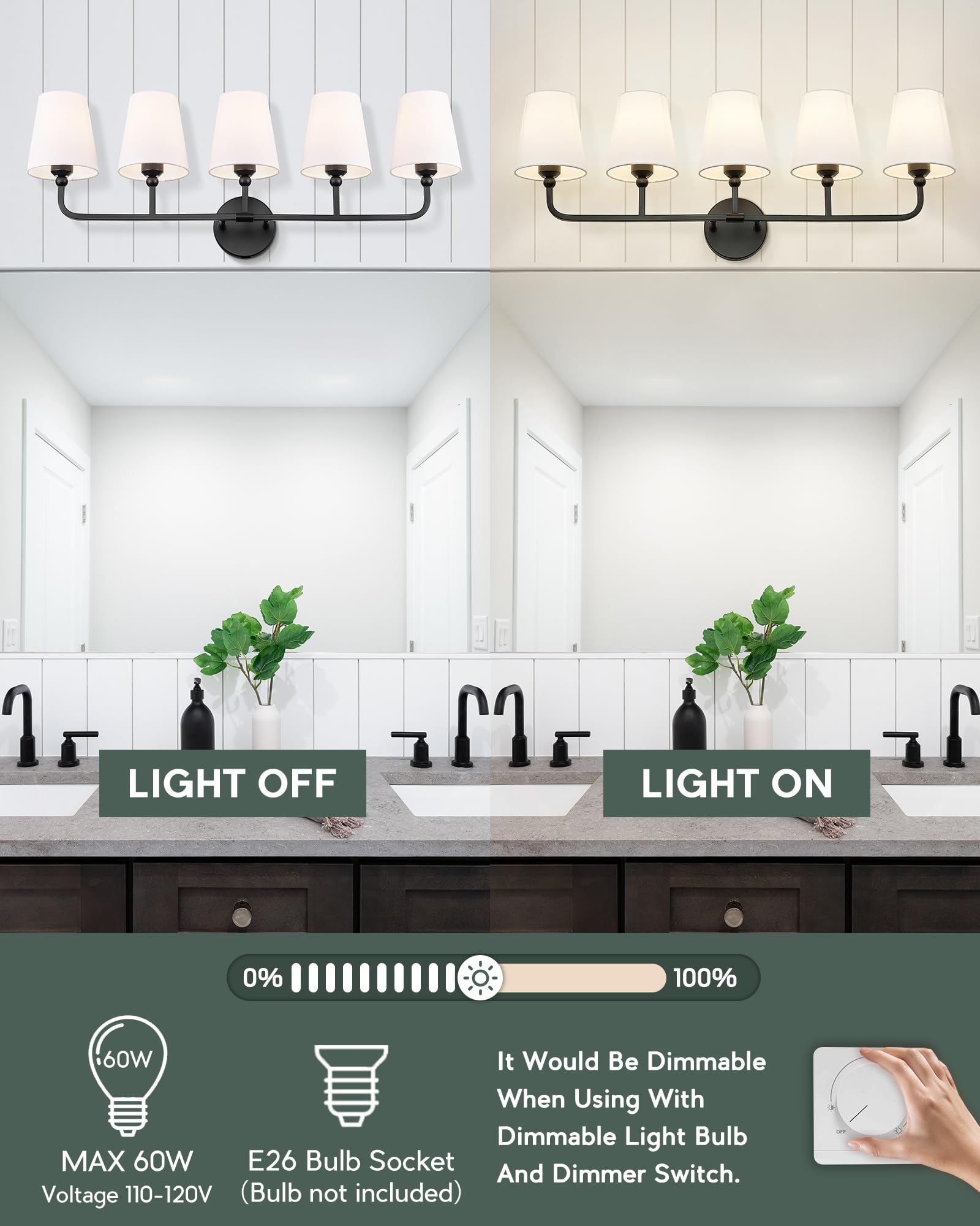 Metwet Bathroom Light Fixtures, 5 Light Matte Black Vanity Lights With Flared White Fabric Shade, 35 Inch Wall Sconce, Modern Sc