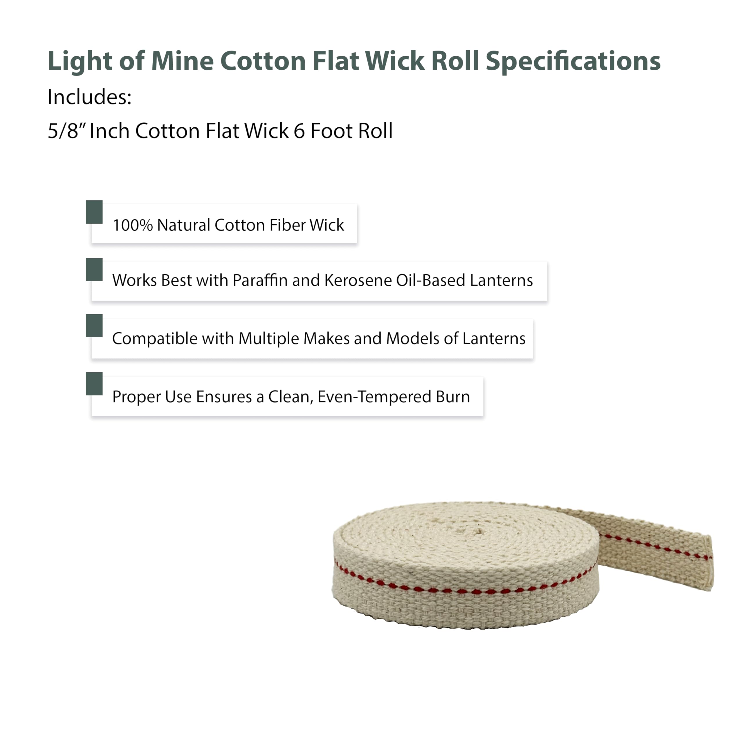 LIGHT OF MINE 100% Cotton Flat Wick Roll for Lanterns, 5/8in x 6ft, Model AX-AY-ABHI-102135