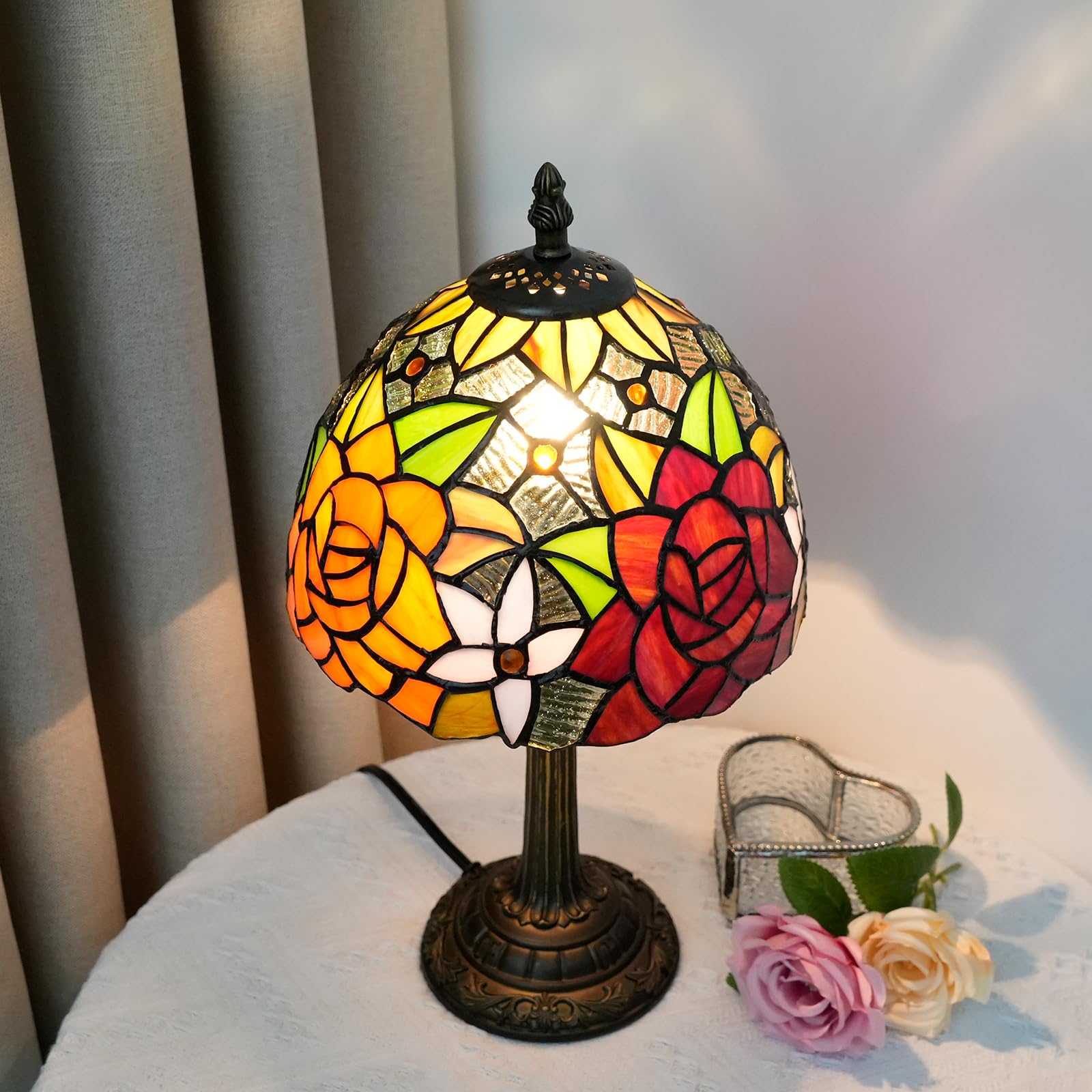 Wecrejoni 8 Inches Stained Glass Table Lamp Gorgeous Rose Tiffany Style Bedside For Desk Reading Light Bedroom Dorm Living Kitch