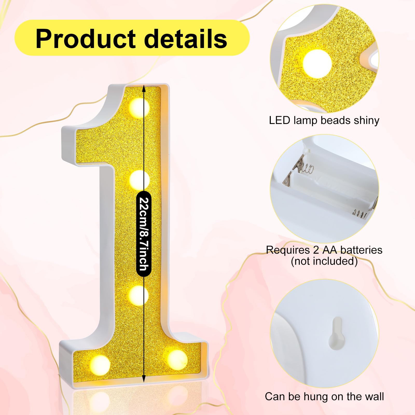 Treela LED Number Sign, 8.7in  Glitter Marquee for Birthday Party Decorations, 21st Size, Gold, PP Material