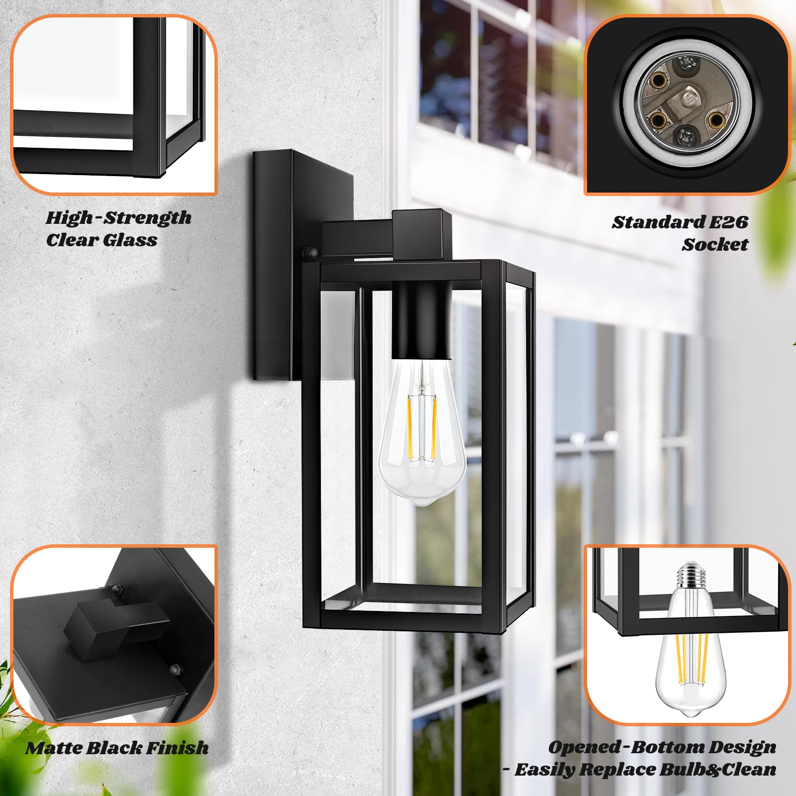 Brightever 2-Pack Outdoor Wall Lanterns, Black Waterproof Sconce Light Fixtures, 9.1 Inch, Clear Glass for House, Porch, Garage