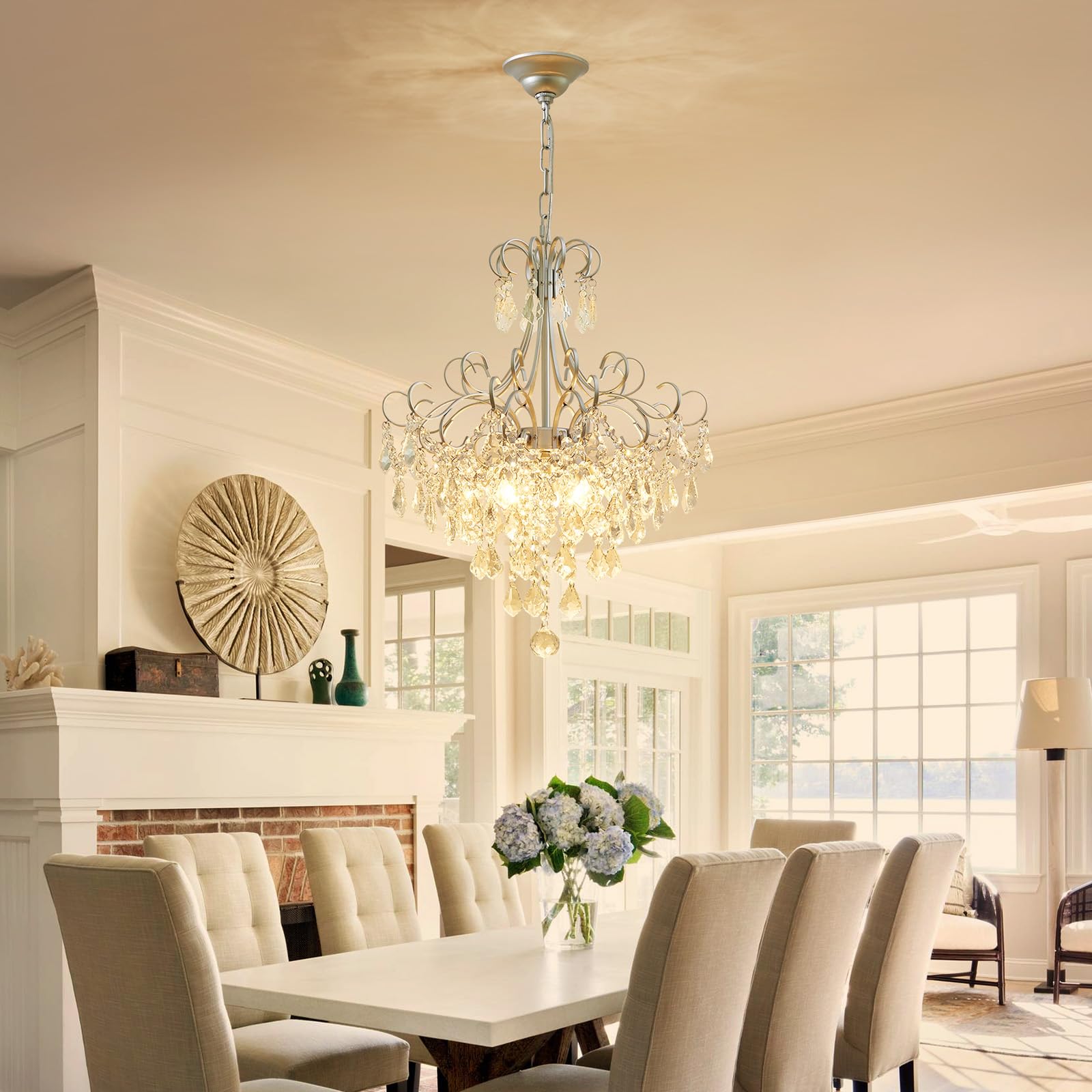 WUZUPS 5-Light Crystal Chandelier Pendant Ceiling Light, 22.4" H x 18.3" W, Silver Metal, Modern Fixture for Dining Room, Hallway, Kitchen