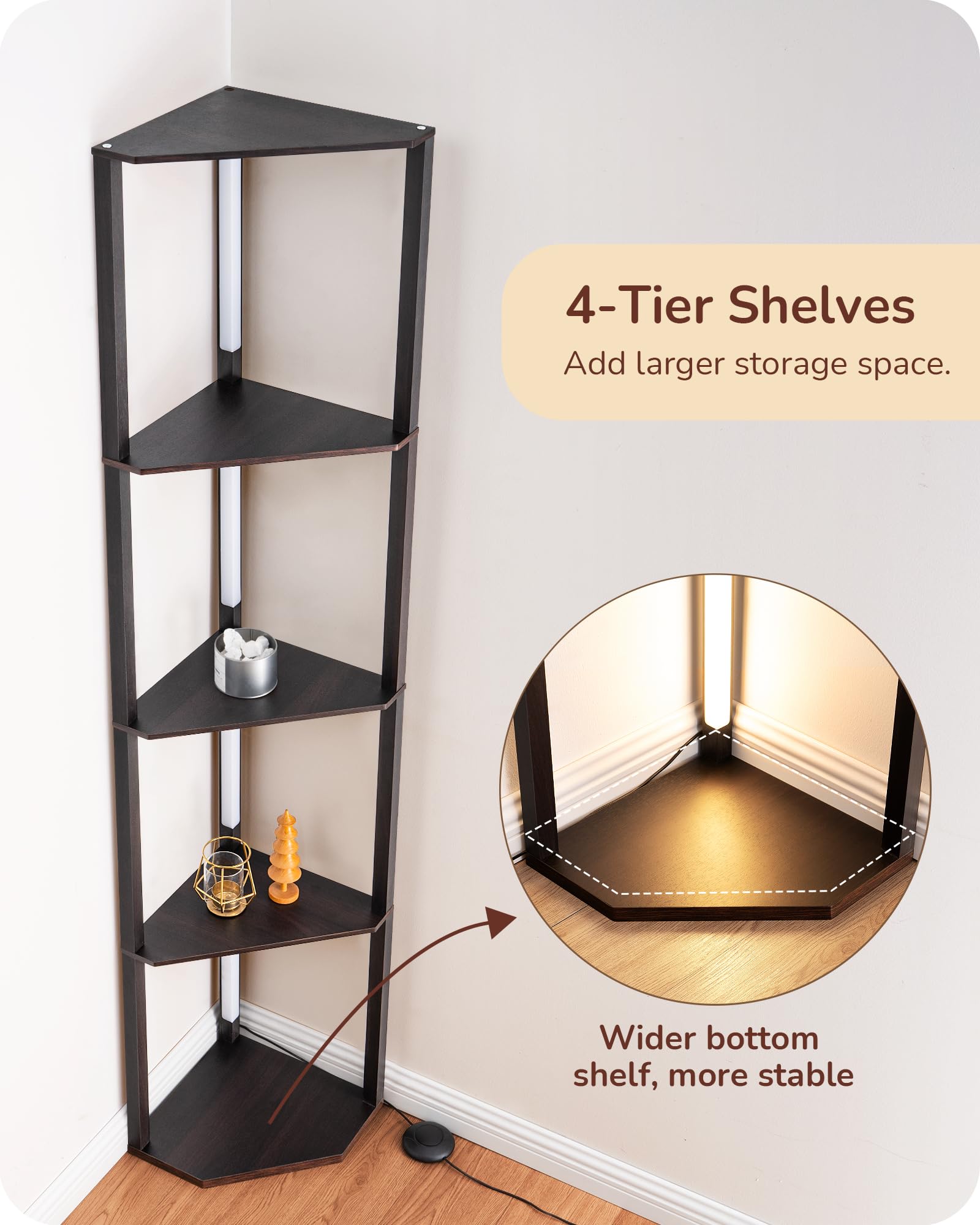EDISHINE 64in Corner Shelf Floor Lamp, Stepless Dimmable, 3CCT, Black Walnut, Model HFLHA1D, Wood, 12inD x 12inW