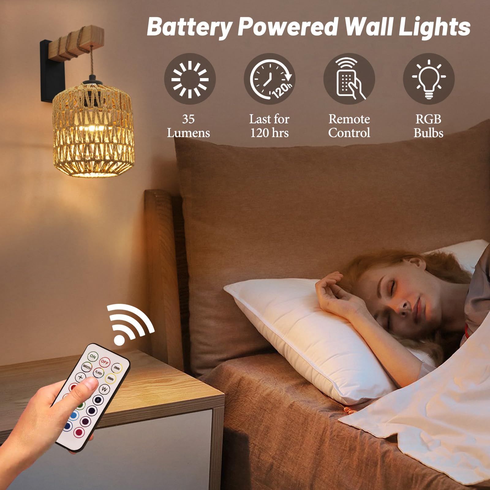 NOVCAND Battery Operated Rattan Wall Sconce Set of Two, Wireless RGB Lights, Black, Farmhouse Style, Model TW20240820-INTELLIGENT