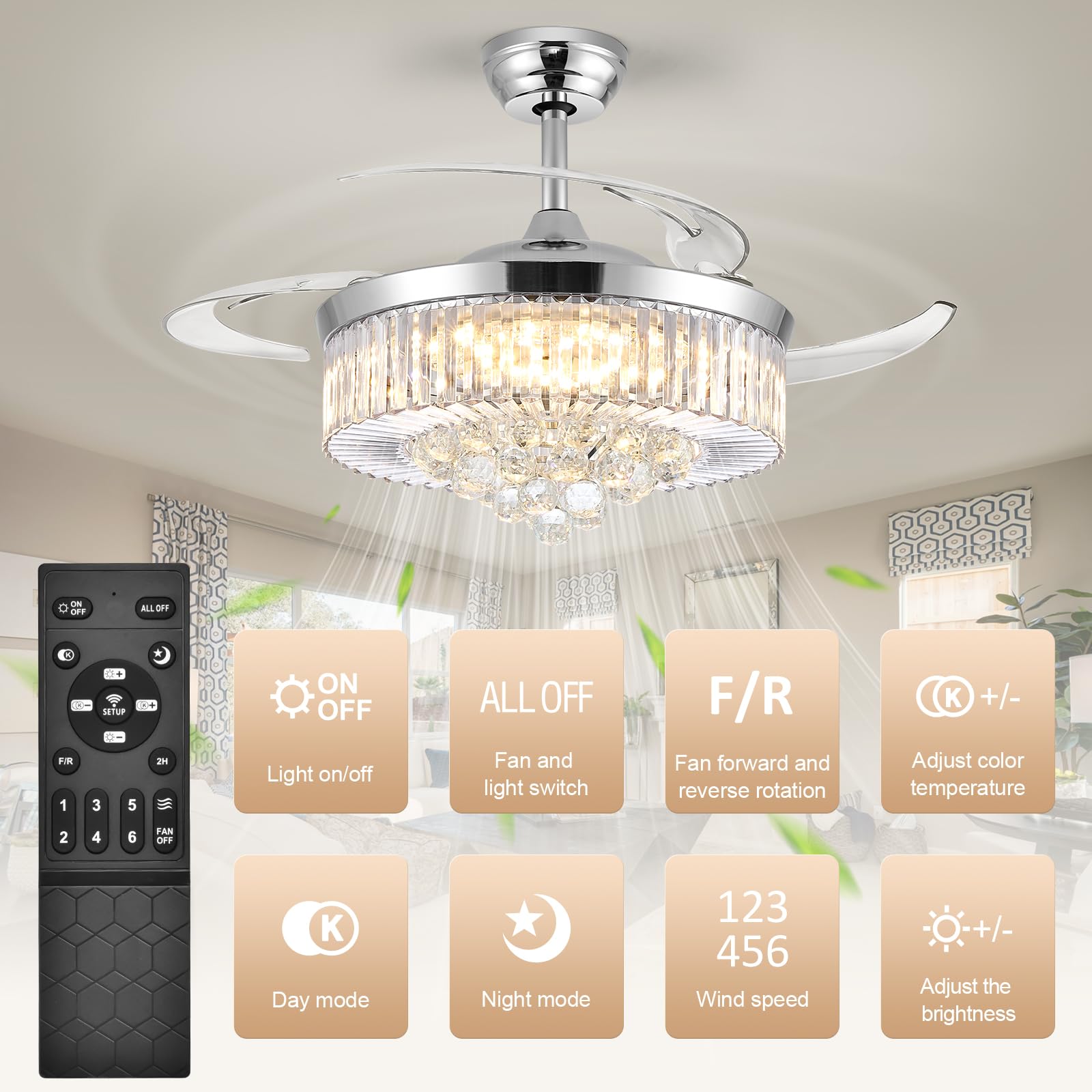 WWahuayuan 48in  Modern Chandelier Ceiling Fan with Timer, Silent Motor, Crystal, Remote Control, Silver, Model HYGX02SL-48