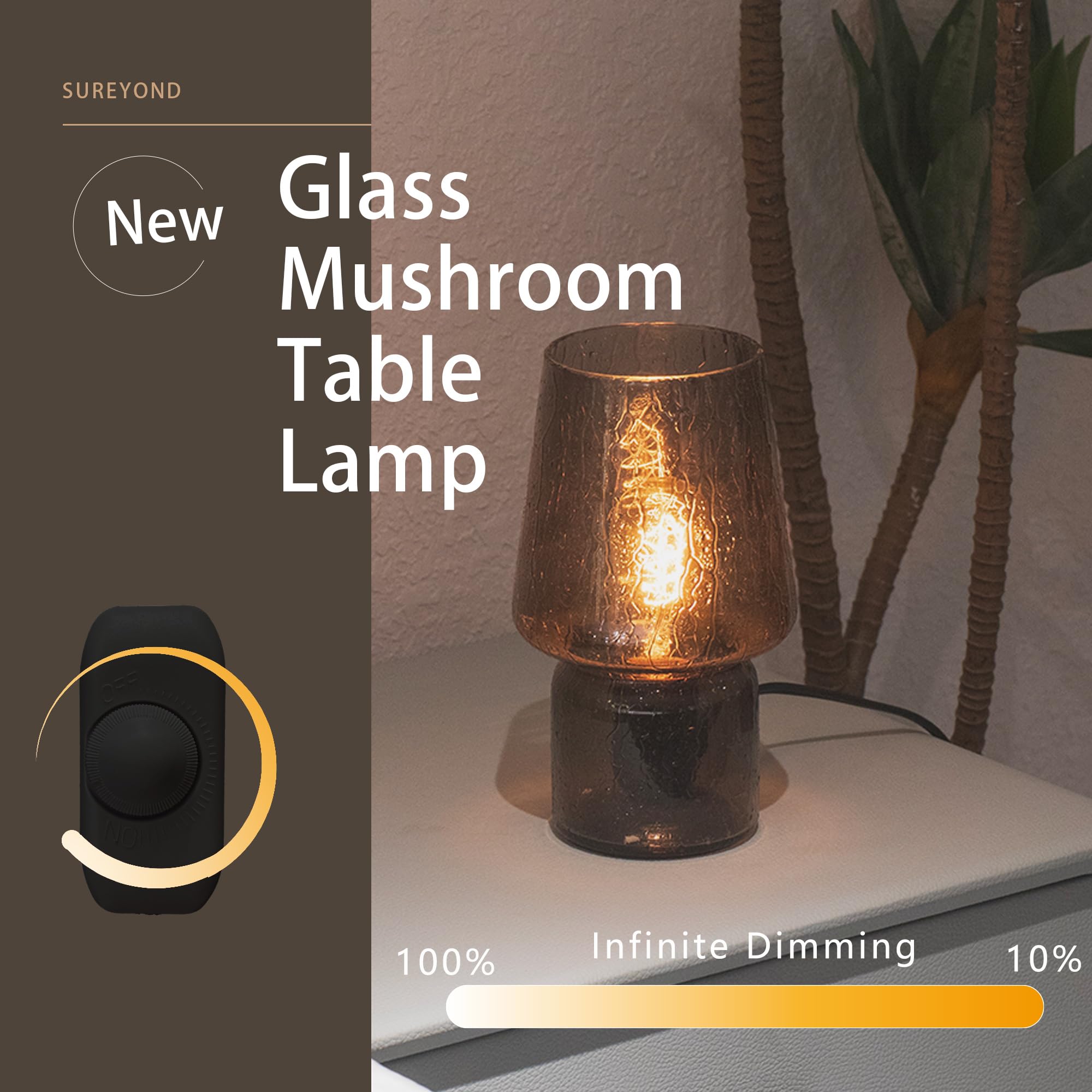 Sureyond Mushroom Lamp,Small Table Lamp,Mini Lamp Cute Lamp Nightstand Lamp Kitchen Lamp Glass Lamp,Translucent Raindrop Lamp,Suitable For Bedrooms, Kitchens, Bedside, Girl Gifts(Black)