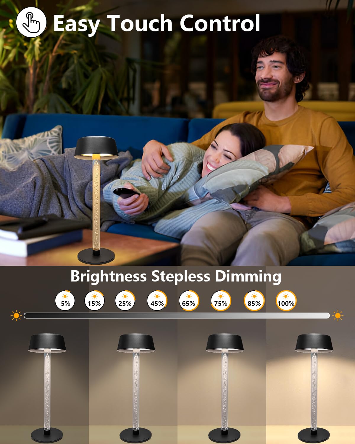 Cordless Table Lamps Set of 2,Lava lamp,Bubble stem,Water Droplet stem,Crystal Effect,5000mAh Battery Operated, 3 Color Stepless