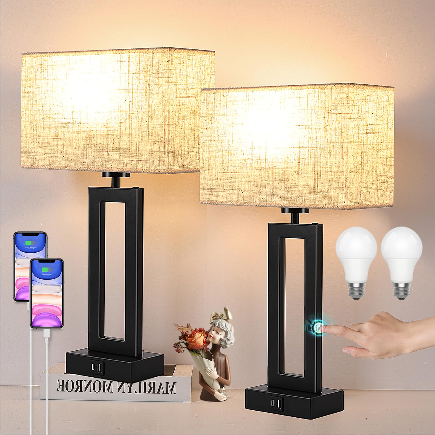 Touch Lamps for Bedrooms Set of 2 BedsideTable Lamp with USB C+A, 3 Way Dimmable Nightstand Lamps Modern Living Room Lamps for E