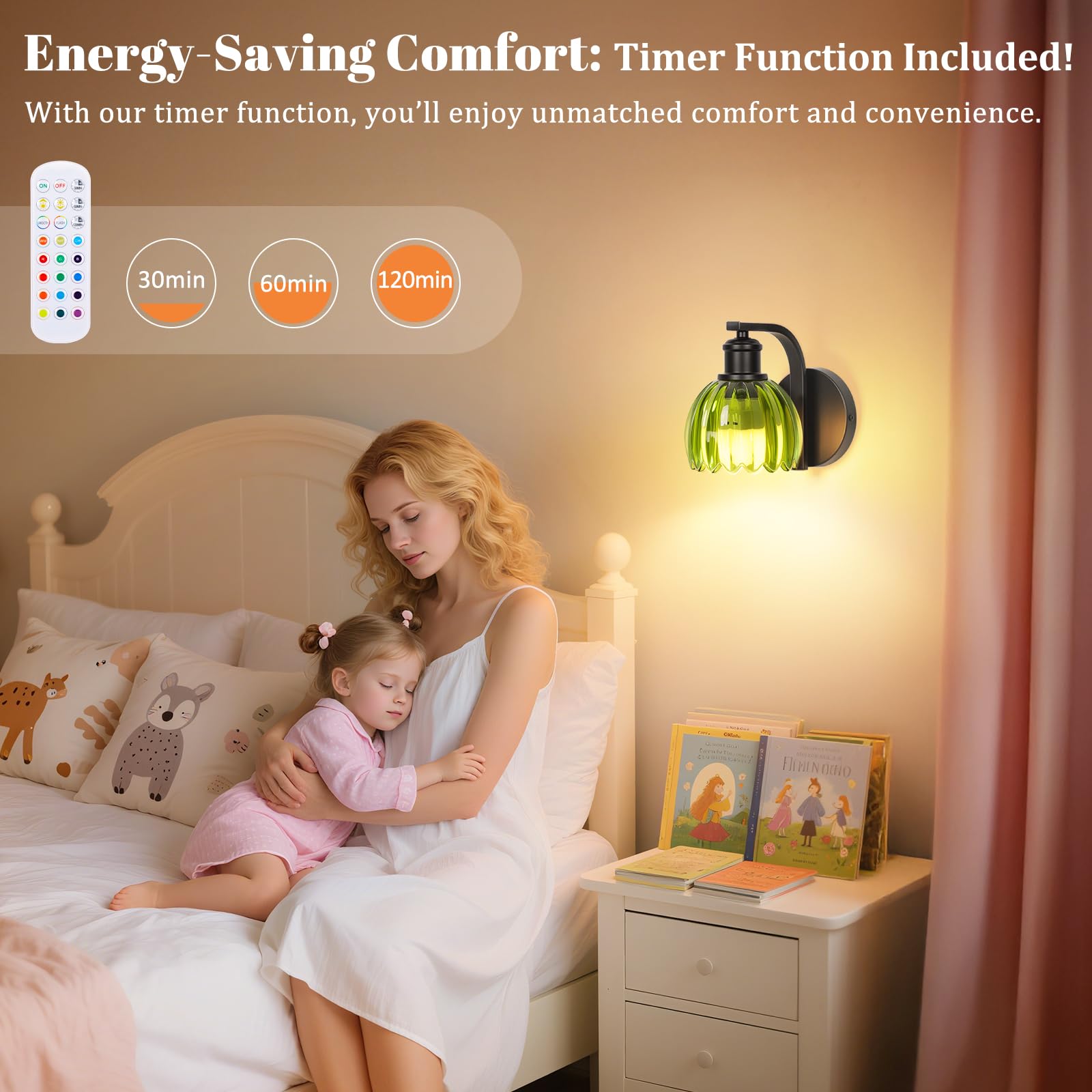 VerRon Rechargeable Wall Sconce, Green Glass Lampshade, Wireless, Remote Control, 1-Pack, Black, Model B05092P