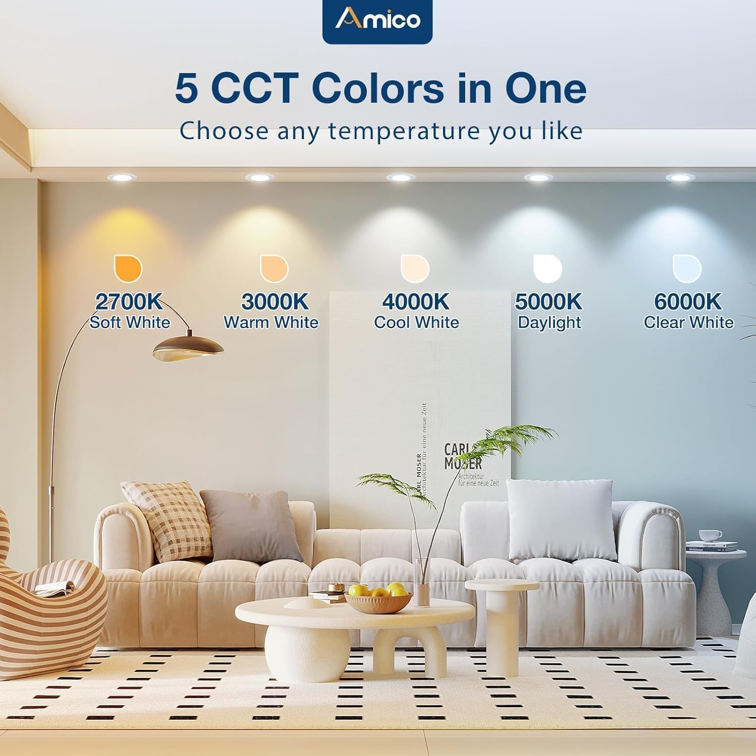 Amico 4 Pack 5/6 Inch 5Cct Led Recessed Lighting  Dimmable  12.5W=100W  950Lm  2700K/3000K/4000K/5000K/6000K Selectable  Retrofit Can Lights With Baffle Trim  Ic Rated - Etl & Fcc  White