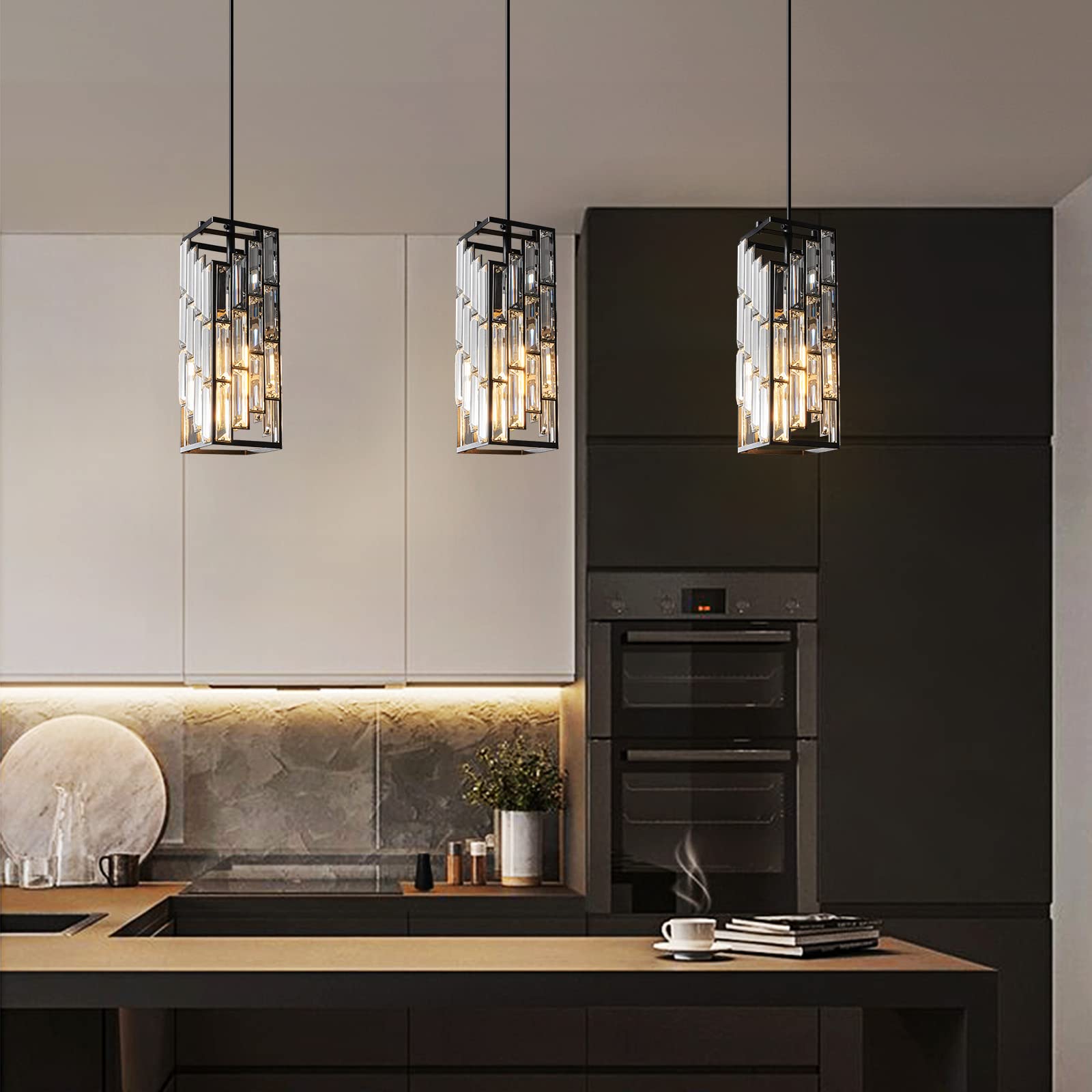 FDPBY Mini Crystal Pendant Light Fixture, Adjustable Black Chandelier, 3-Pack for Kitchen Island, Dining Room, Bedroom - Model JP-002