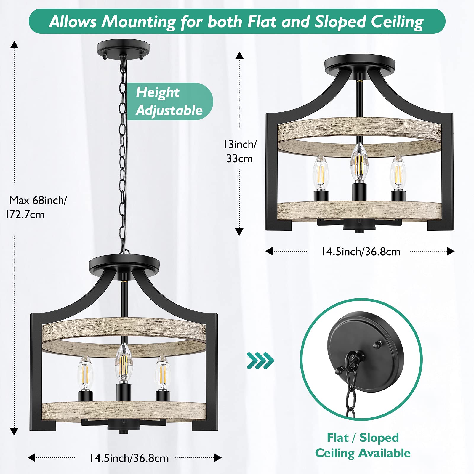 Beslowe 3-Light Rustic Farmhouse Pendant Light, Adjustable Height 68In, Black Metal Chandelier With White Birch Wood Finish