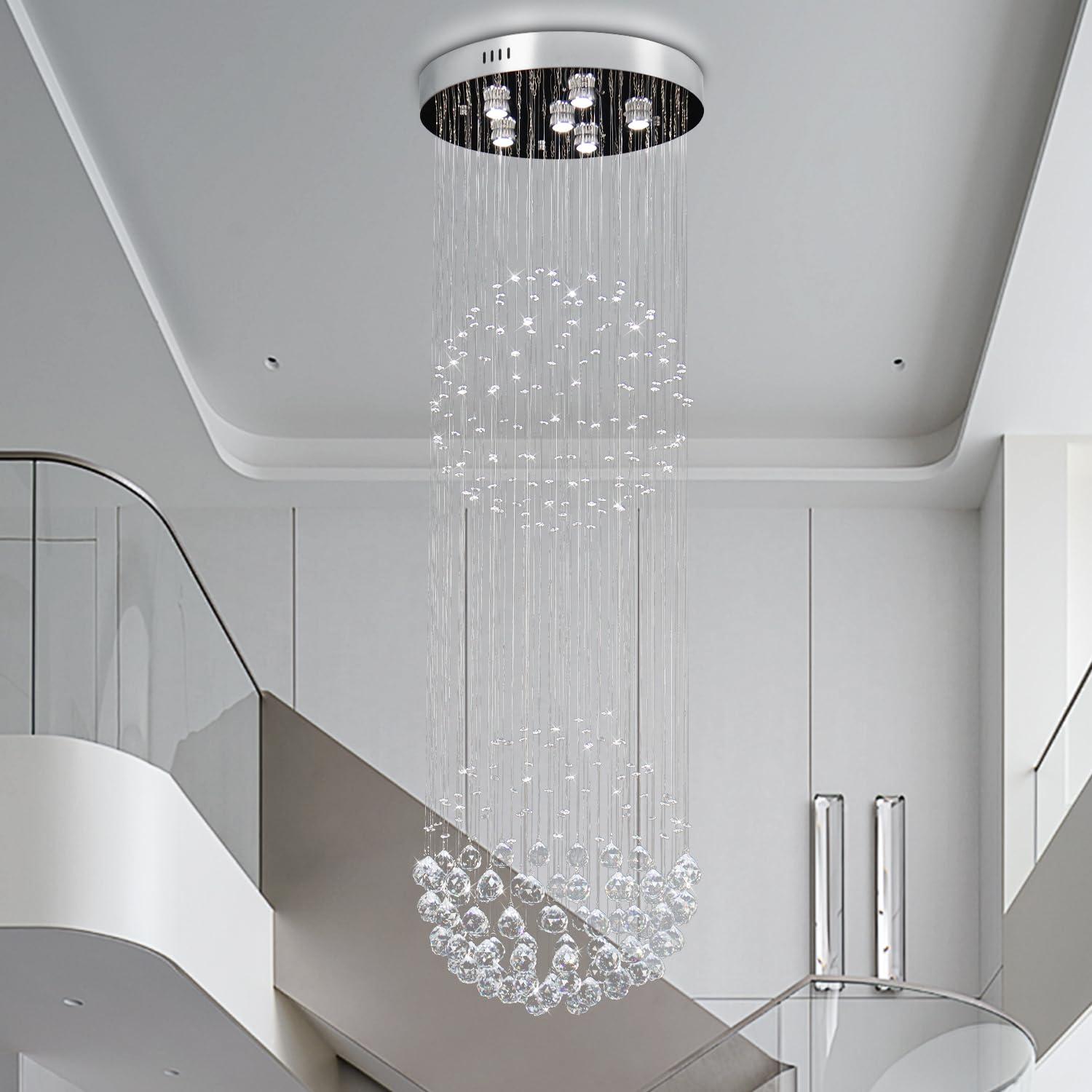 Finktonglan Crystal Pendant Light Chandelier For Staircase, Modern Flush Mount Ceiling Fixture