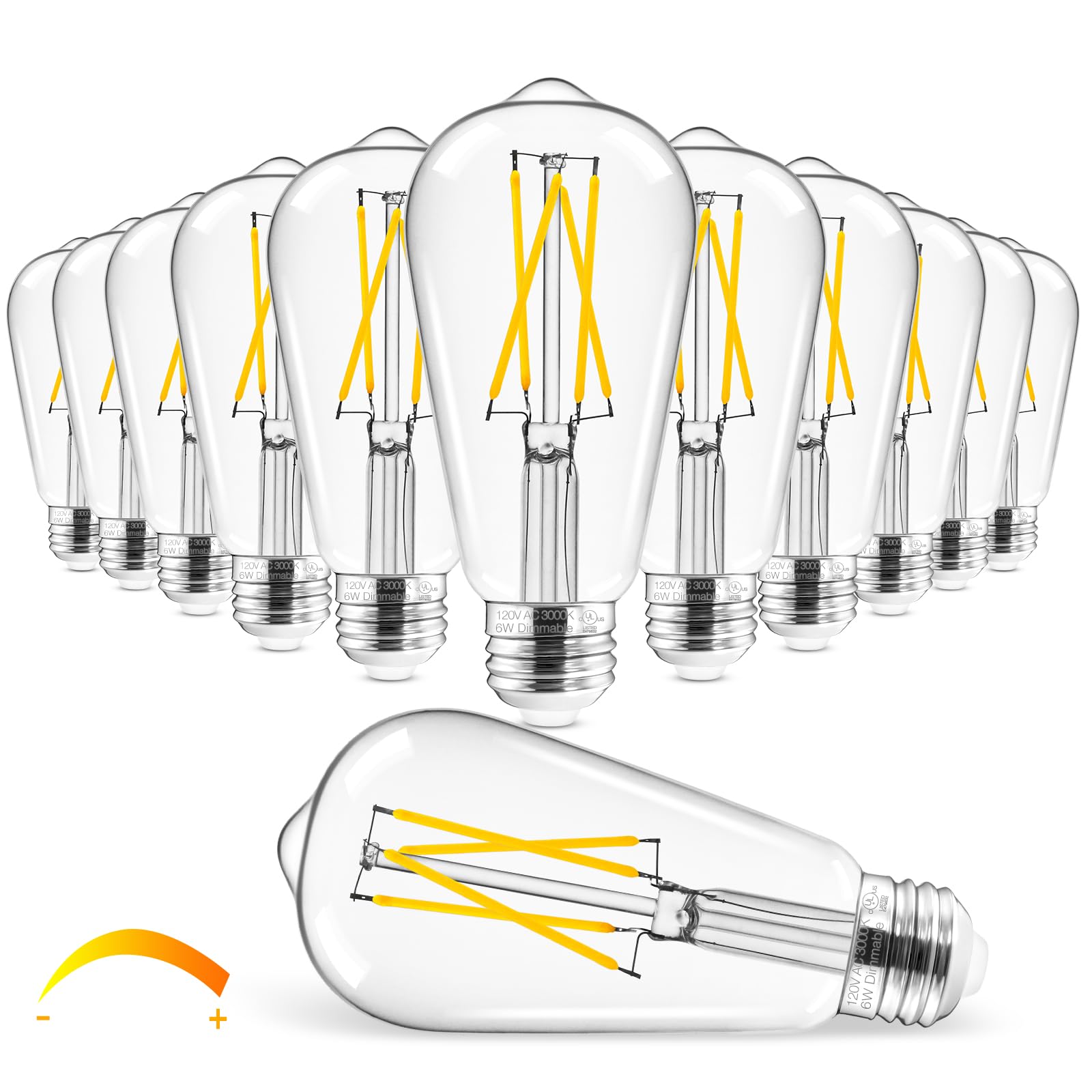 Hizashi Vintage LED Edison Bulb Dimmable, 6W Equivalent 60W, 3000k Soft White, E26 Base Led Light Bulbs, 700LM, UL Listed, High CRI 95+ Eye Protection, Clear Glass, Pack of 12