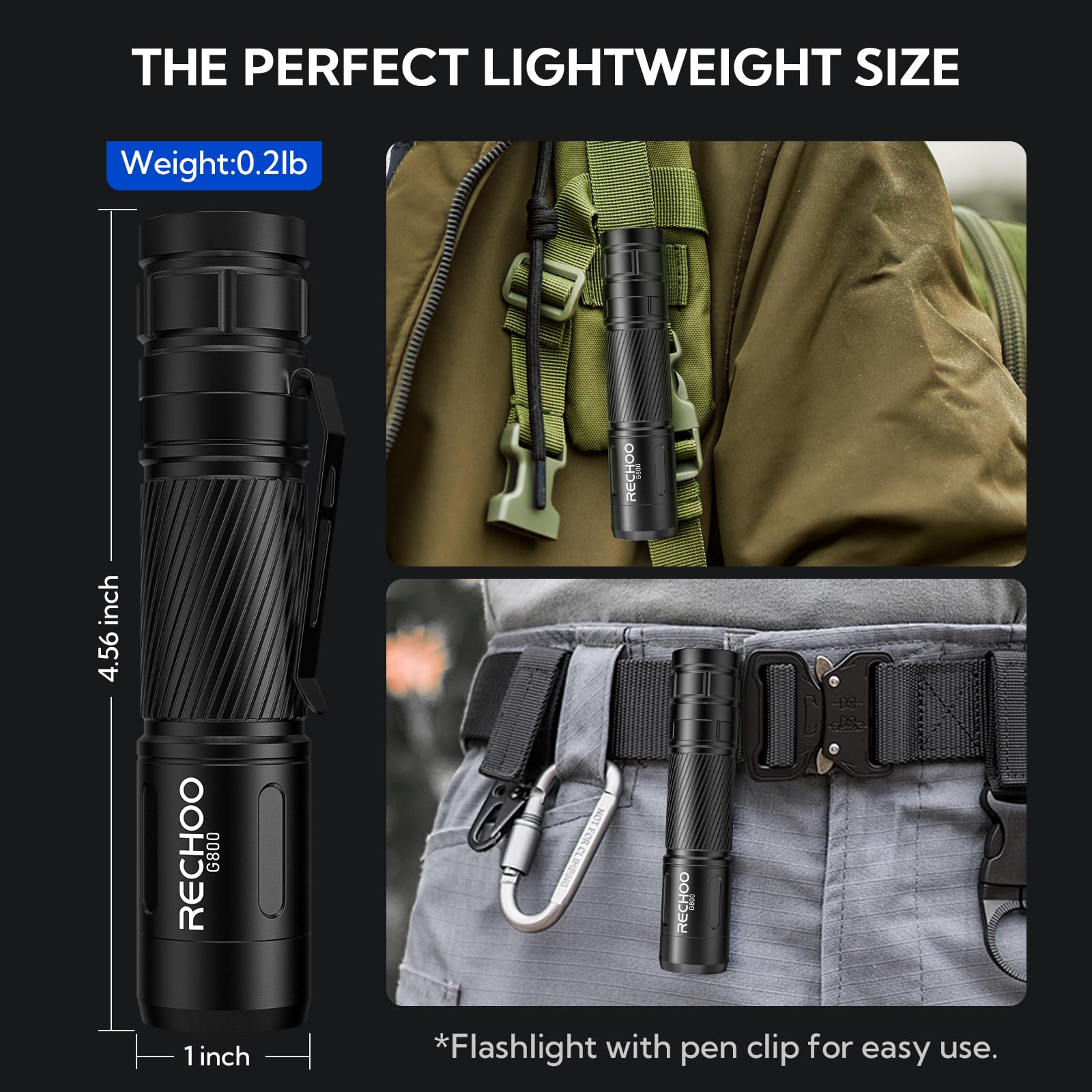 RECHOO Rechargeable Flashlight 500 Lumens, 3 Modes, Black, 2 Pack, Aluminum, Model G800-2P, Water Resistant, Tactical Torch Light