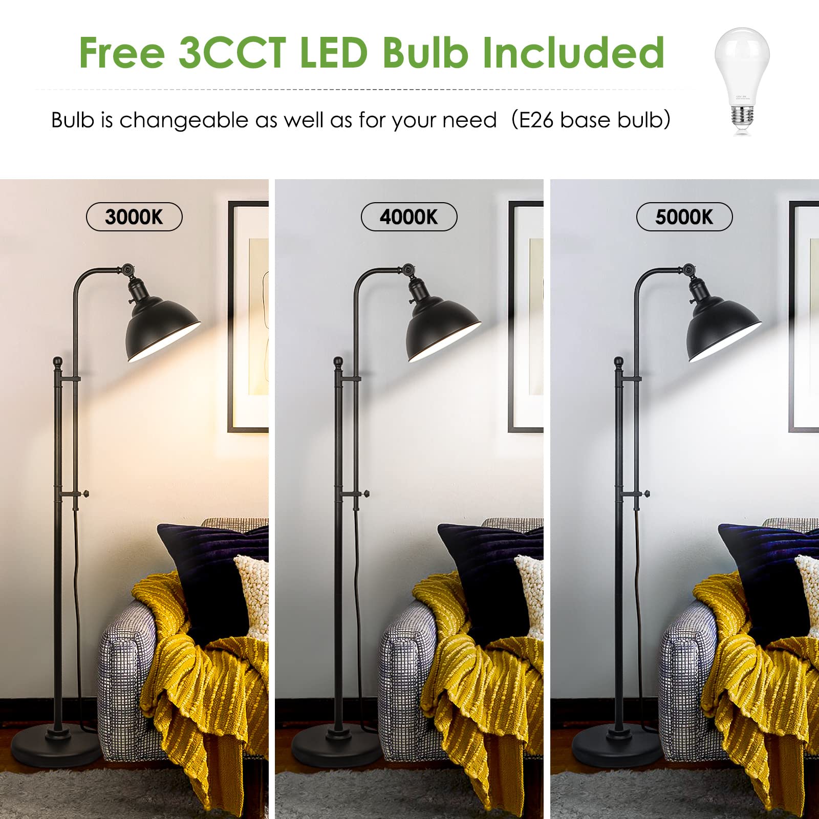 Coucrek Black Floor Lamp, 3 Color Temperature Industrial Floor Lamps, Adjustable Height & Head Standing Reading Lamp, Farmhouse Floor Lamp For Living Room, Bedroom, Office