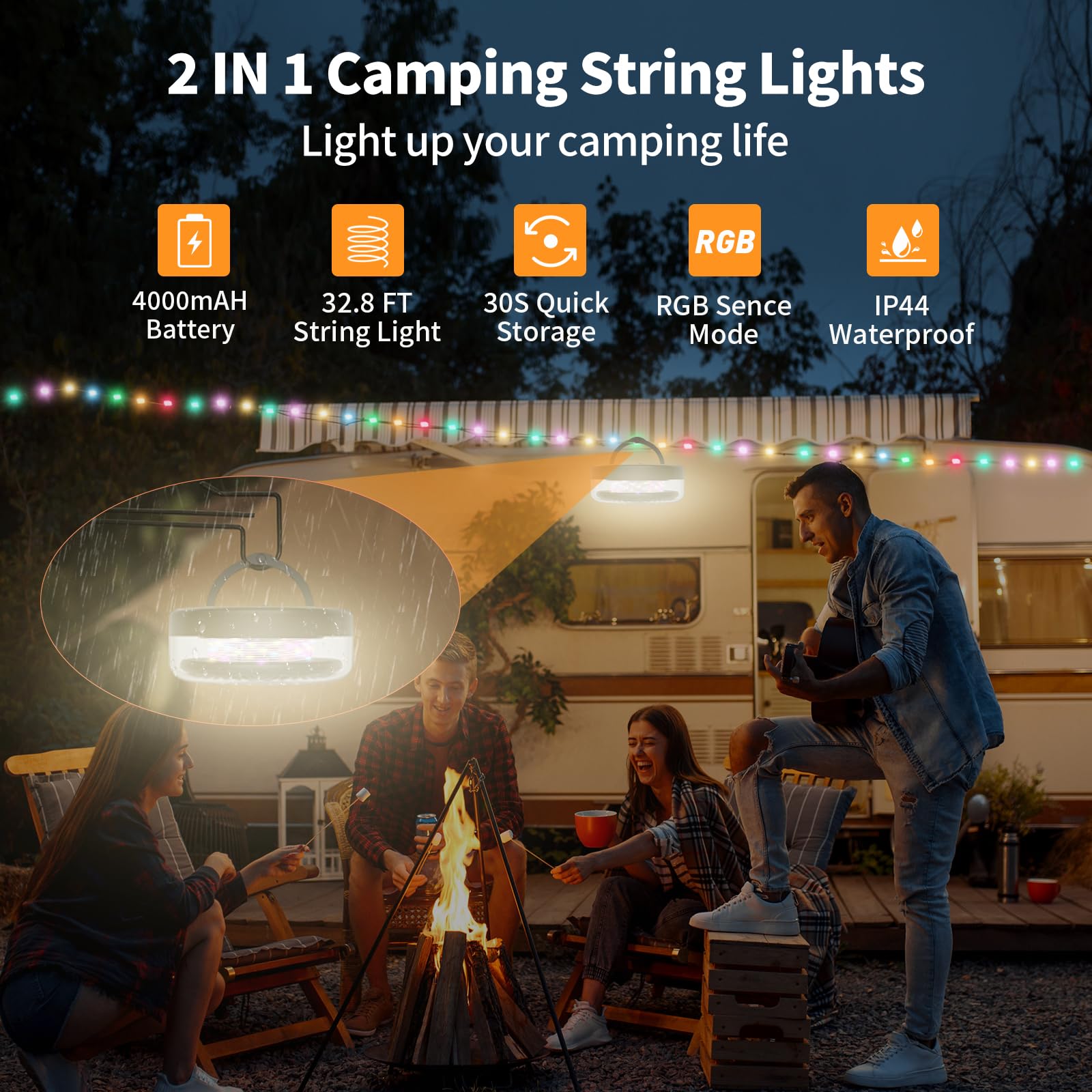 KEIWRLIGHT Camping String Lights 32.8FT, 14 Lighting Modes, IP44 Waterproof, 4000mAh Battery, Black, Model JSK-L21