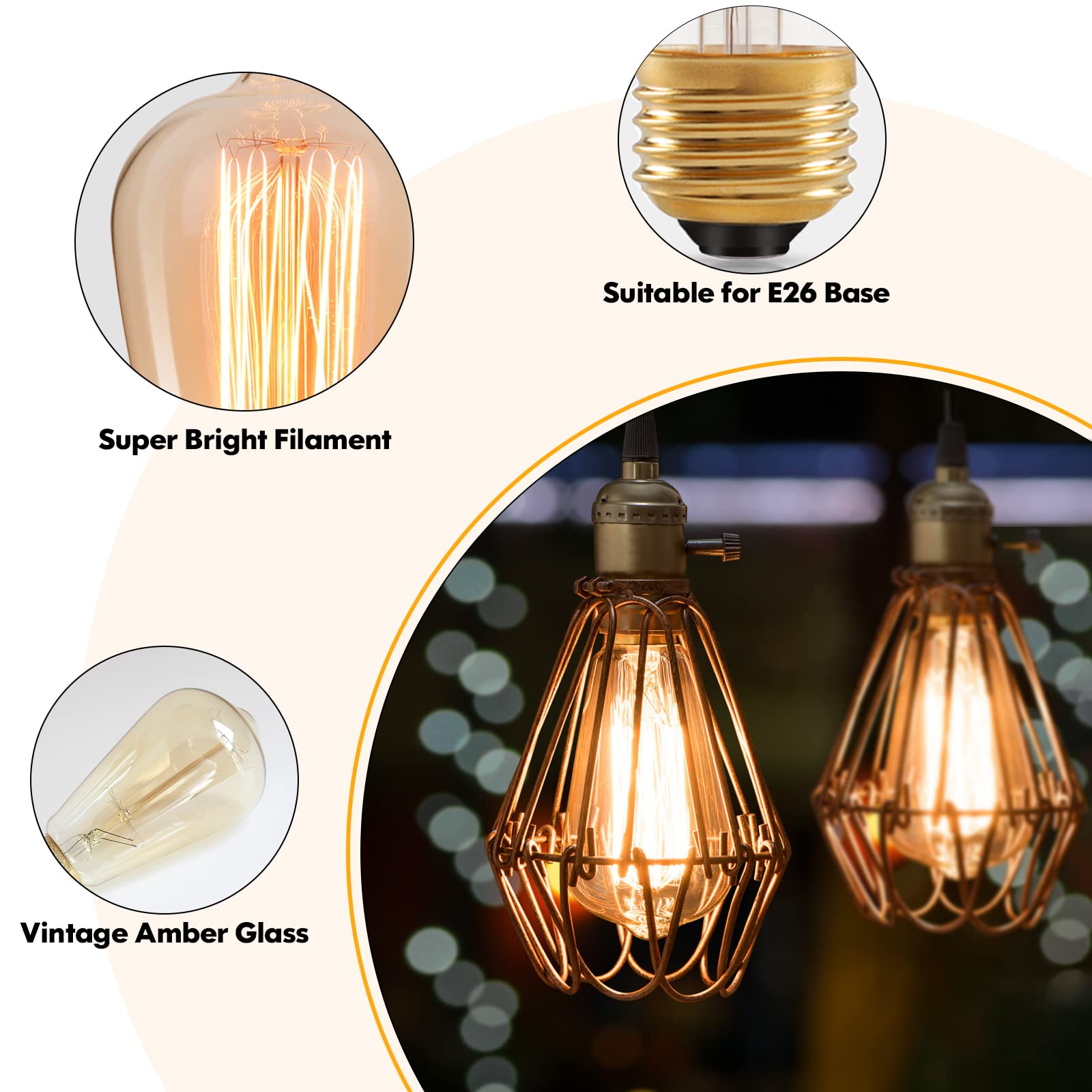 Brightever 60W Vintage Dimmable Edison Bulbs, St64 Amber 2200K Warm White, 4-Pack