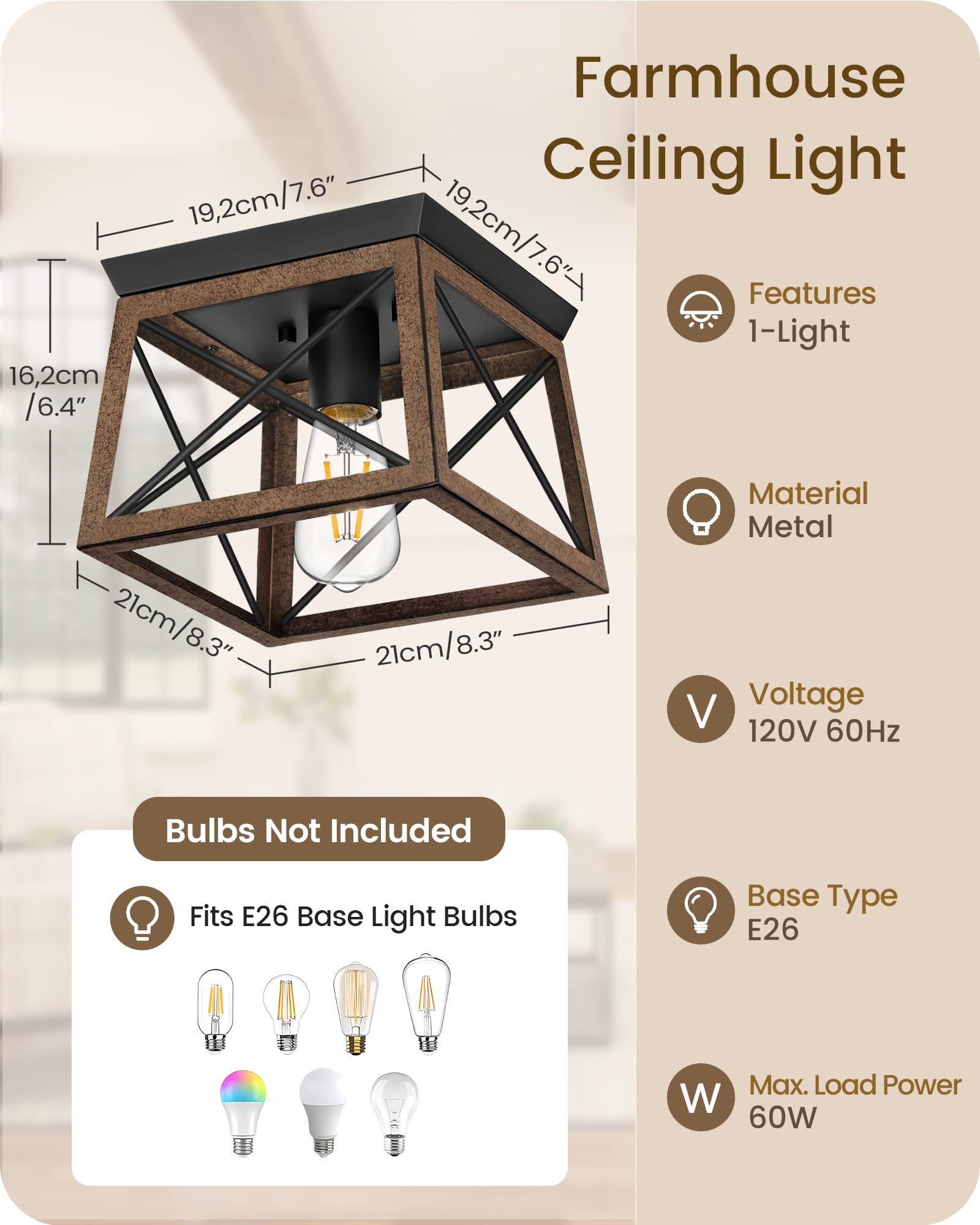 Goebleson Farmhouse Ceiling Light With Night Light, Flush Mount Ceiling Light Fixtures, Rustic Wood Flush Mount Hallway Lamp, 2-