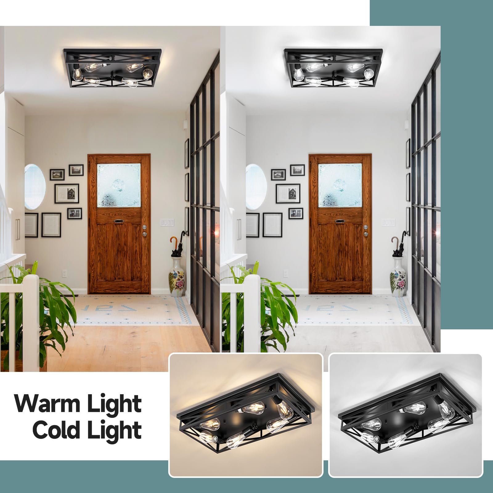 DIKAIDA 6-Light Flush Mount Ceiling Light Fixture, Black Metal Cage, 23in for Kitchen, Hallway, Entryway