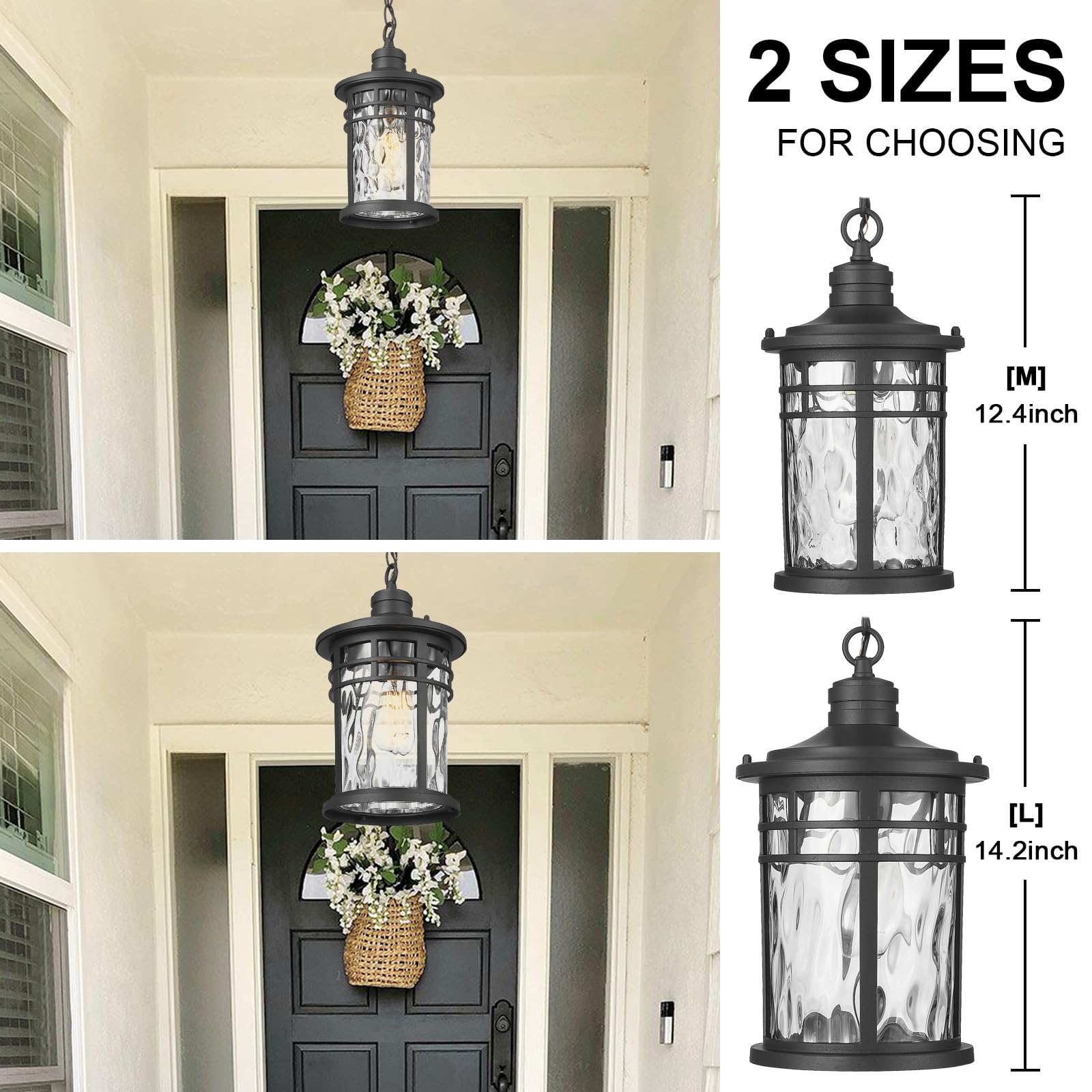 Darkaway Outdoor Pendant Lights - Black Aluminum Chandelier with Water Ripple Glass, Medium Size for Porch & Patio, Model 6X20H